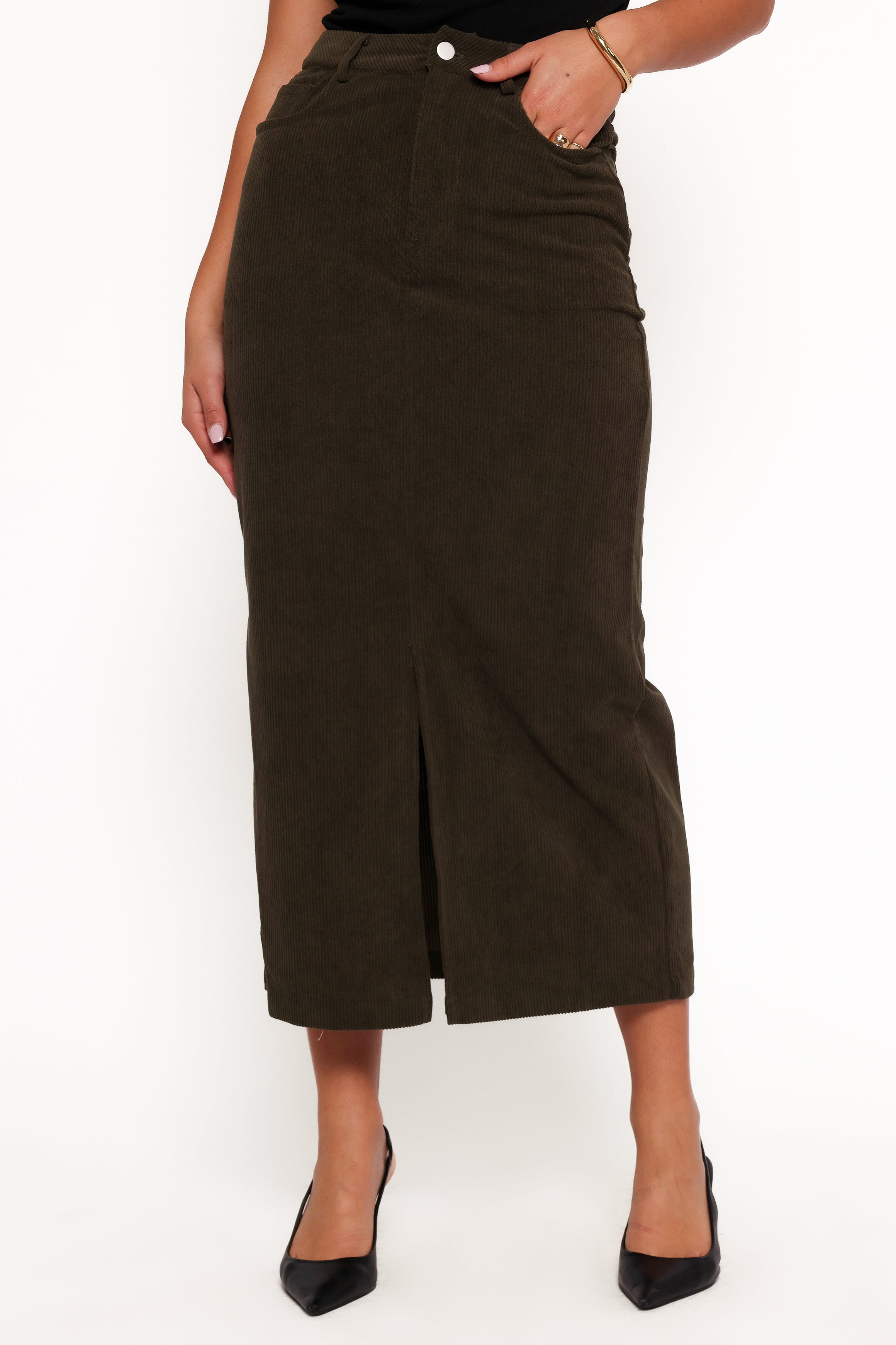 Petal and Pup USA BOTTOMS Myra Corduroy Midi Skirt - Olive
