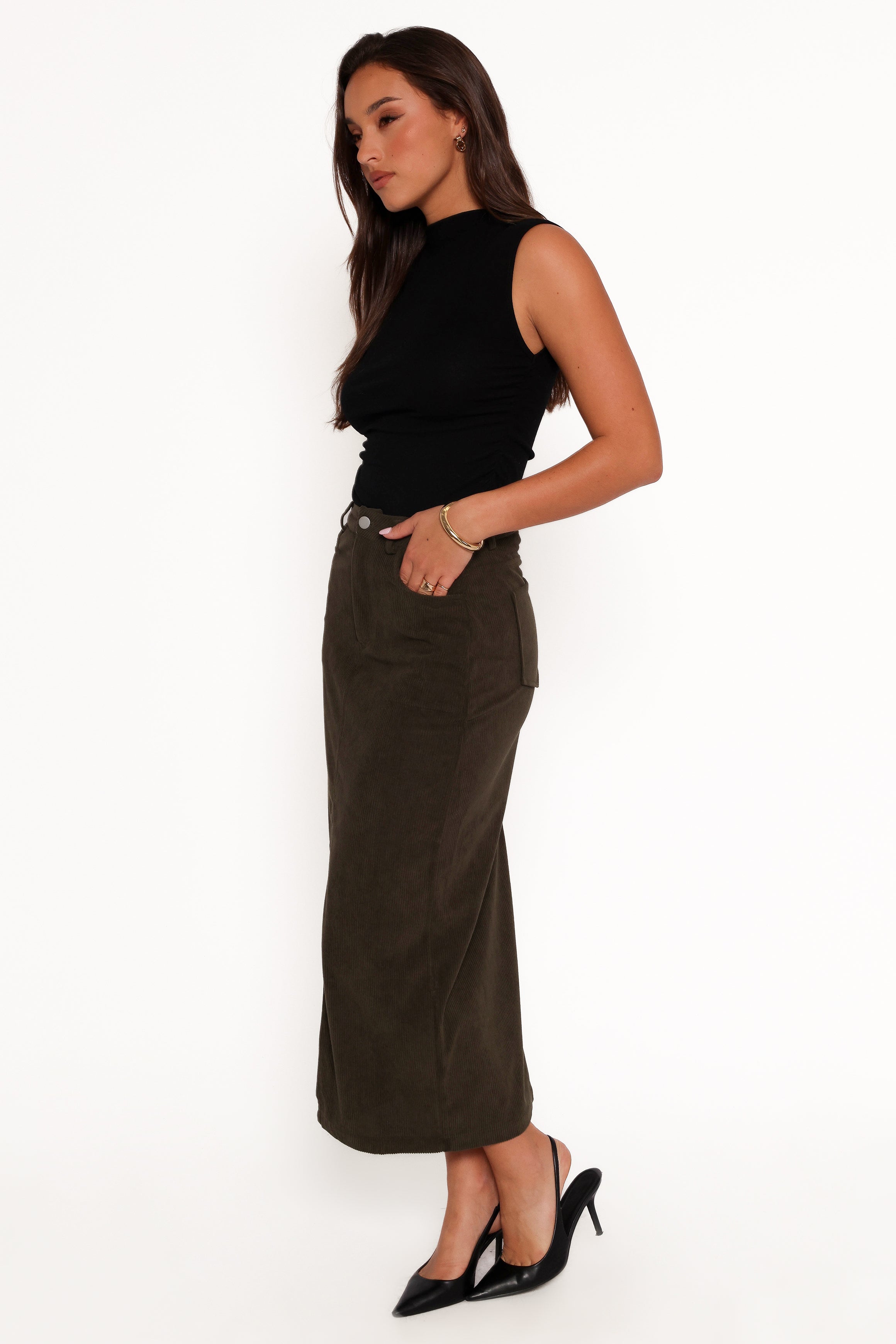 Petal and Pup USA BOTTOMS Myra Corduroy Midi Skirt - Olive
