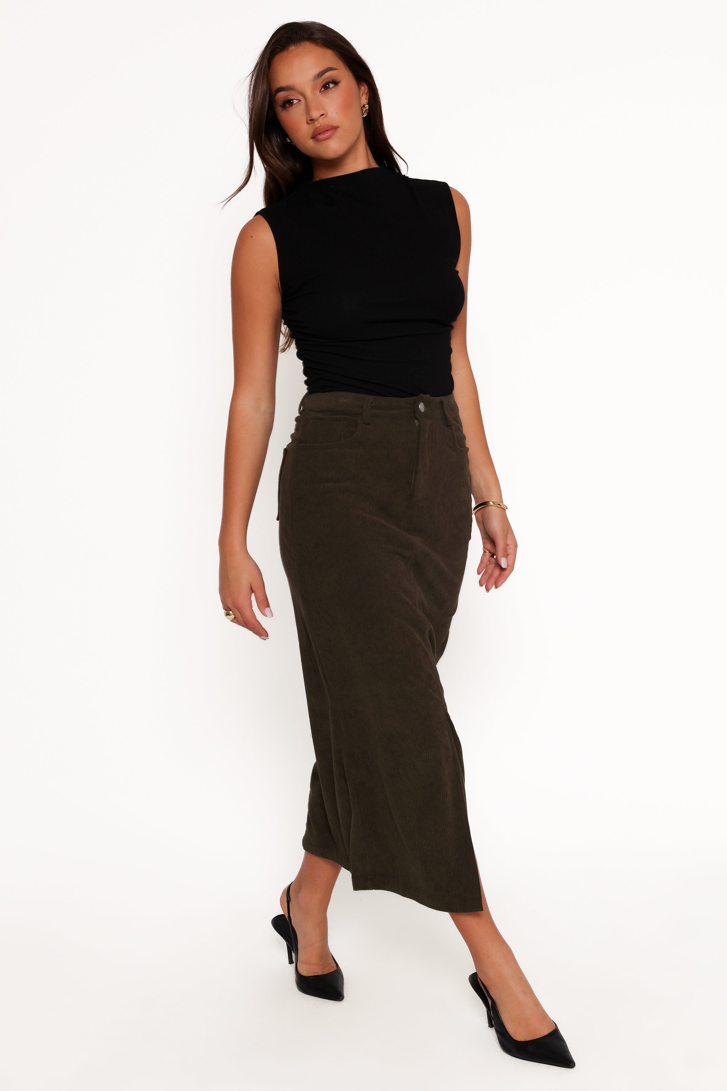Petal and Pup USA BOTTOMS Myra Corduroy Midi Skirt - Olive