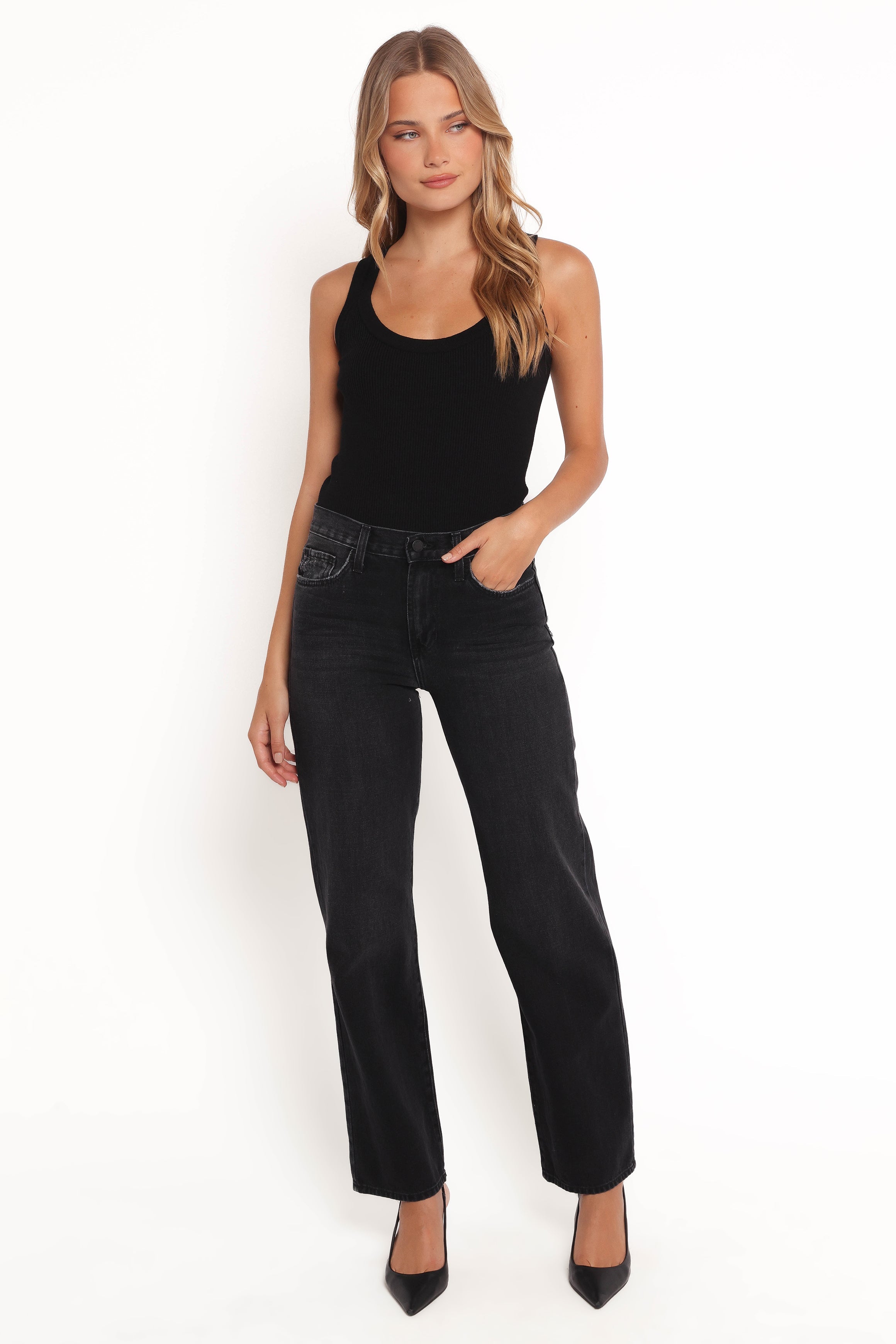 Petal and Pup USA BOTTOMS Nathan High Rise Relaxed Straight Jean - Washed Black
