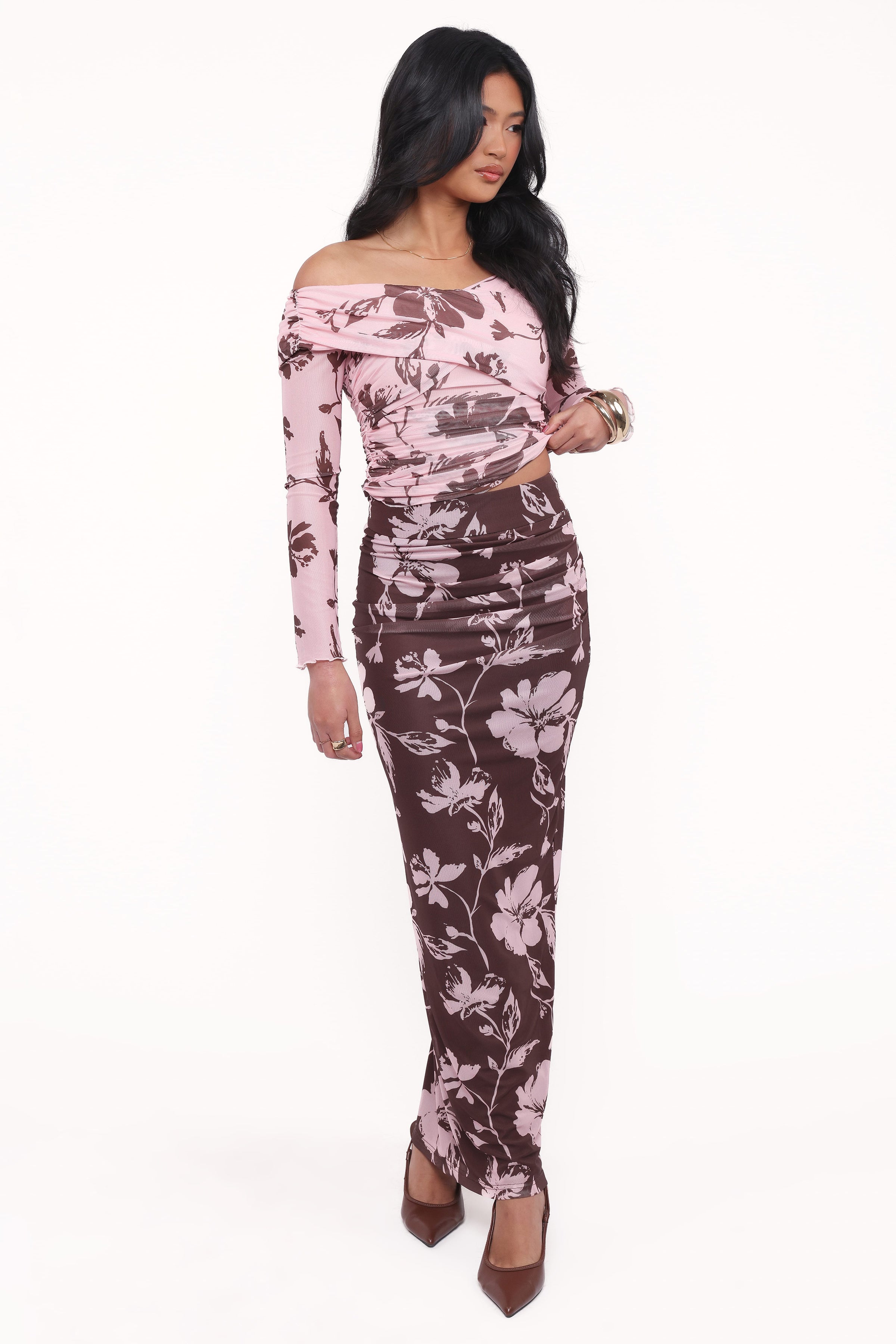 Petal and Pup USA BOTTOMS Navida Mesh Midi Skirt - Pink Brown Floral