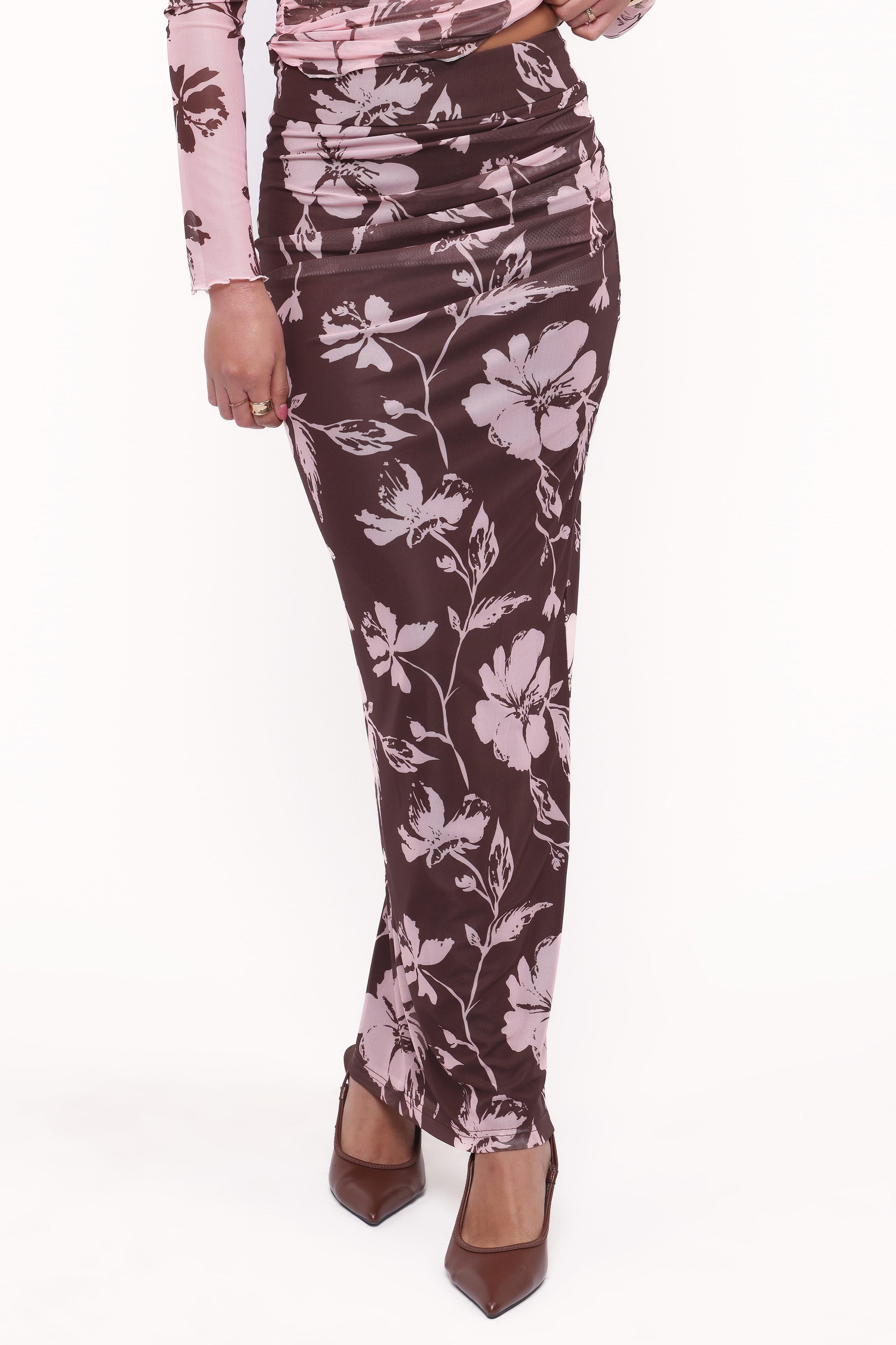 Petal and Pup USA BOTTOMS Navida Mesh Midi Skirt - Pink Brown Floral