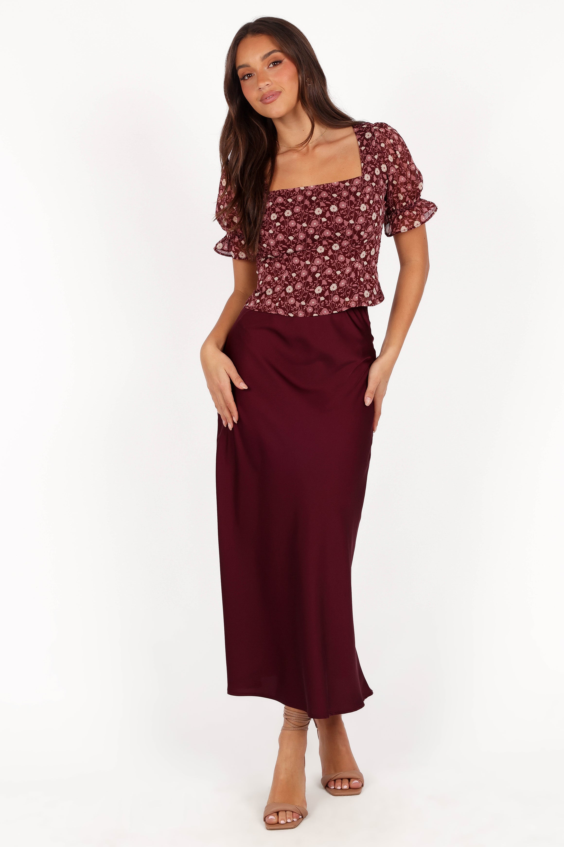 Petal and Pup USA BOTTOMS Nellie Satin Midi Skirt - Burgundy
