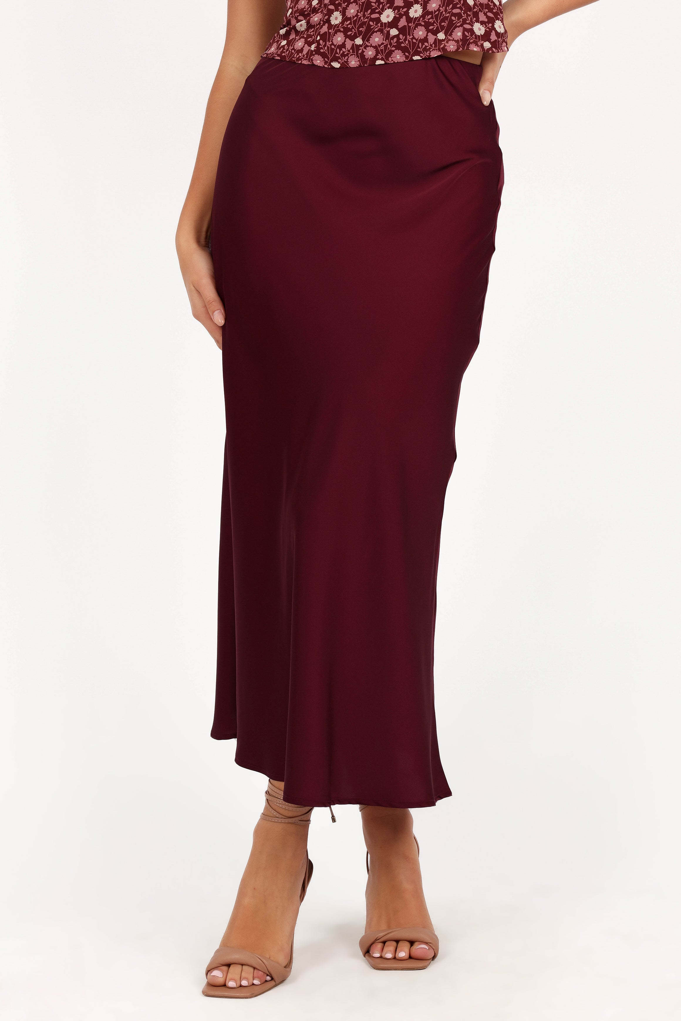 Petal and Pup USA BOTTOMS Nellie Satin Midi Skirt - Burgundy