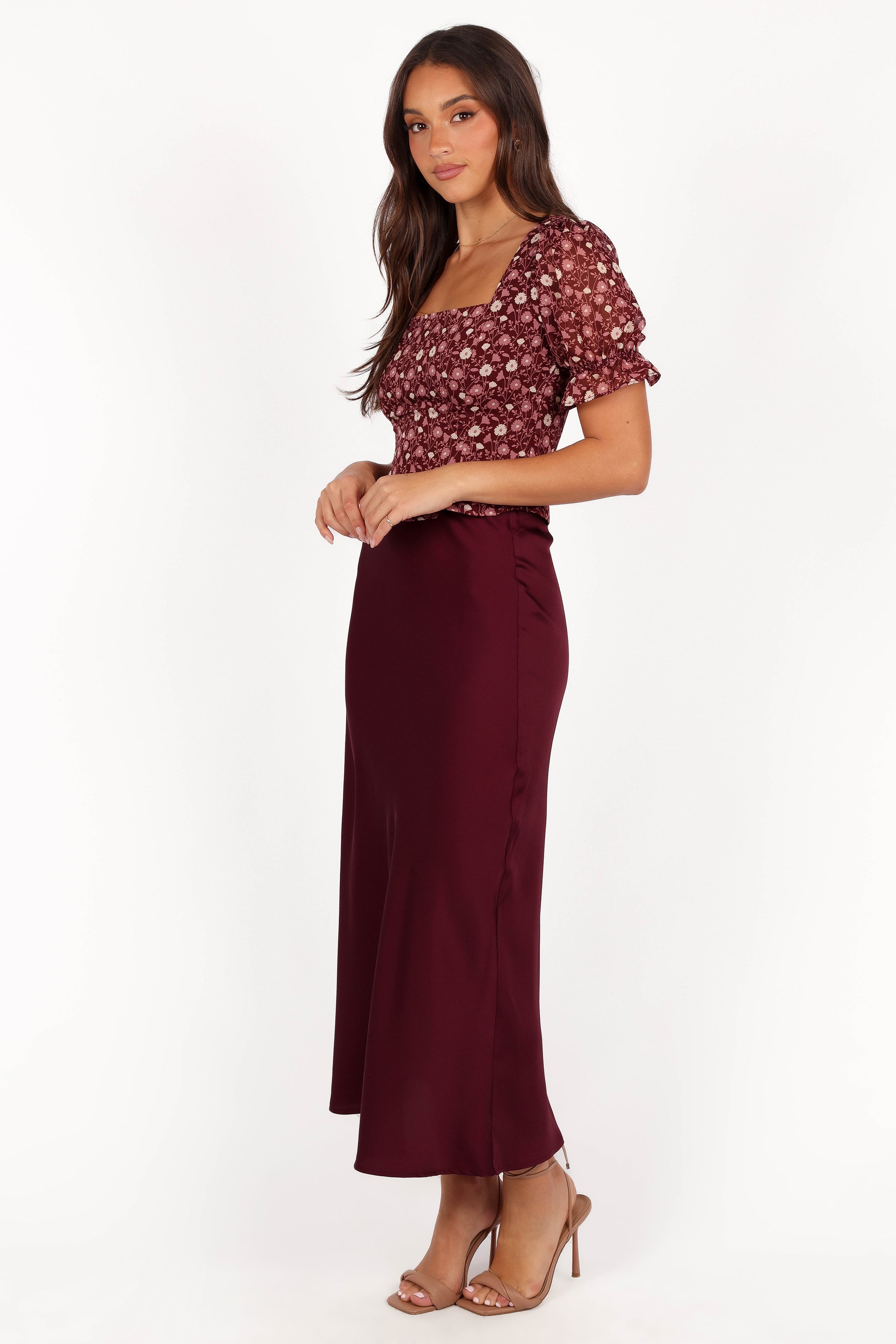 Petal and Pup USA BOTTOMS Nellie Satin Midi Skirt - Burgundy