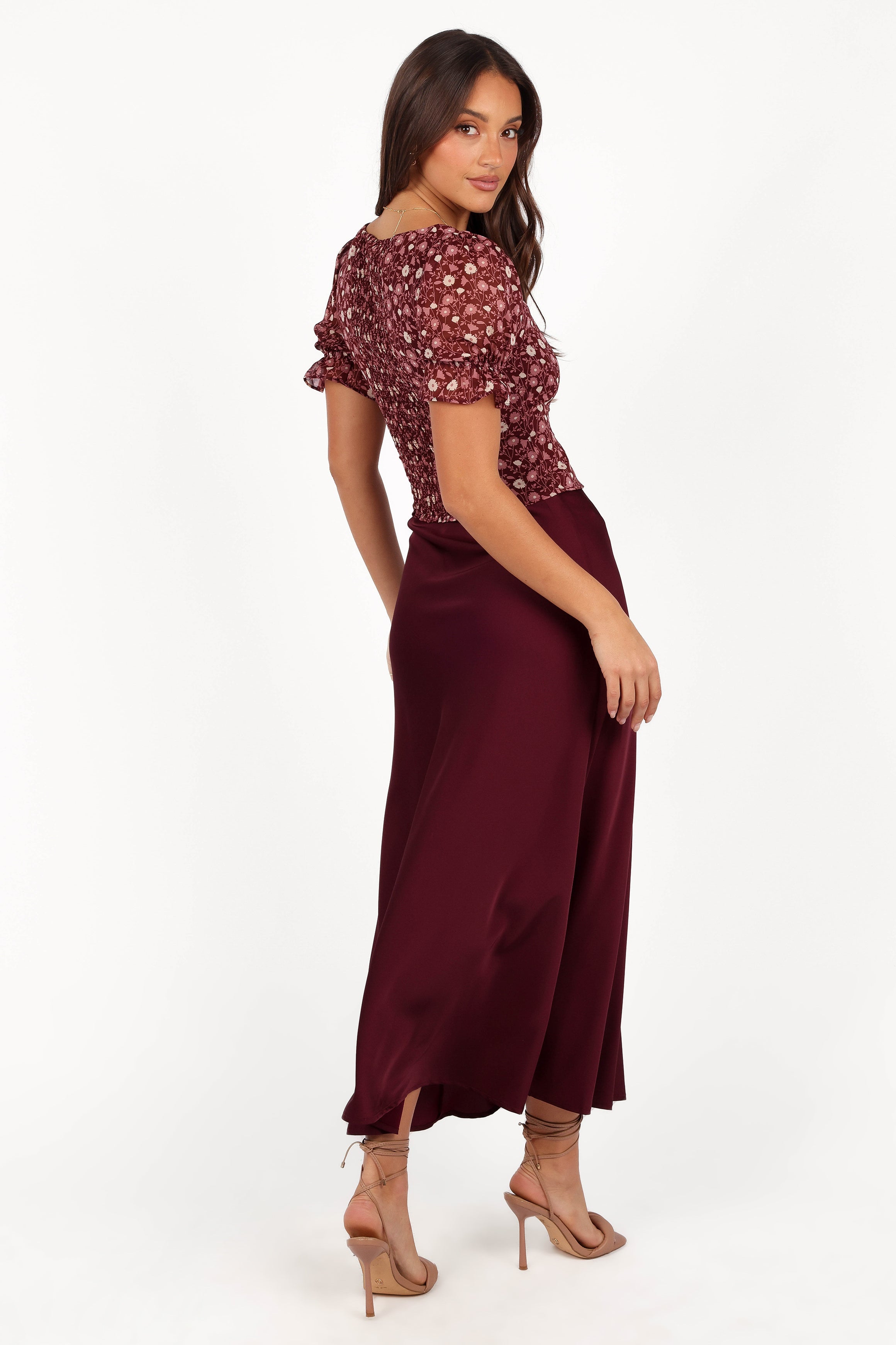 Petal and Pup USA BOTTOMS Nellie Satin Midi Skirt - Burgundy