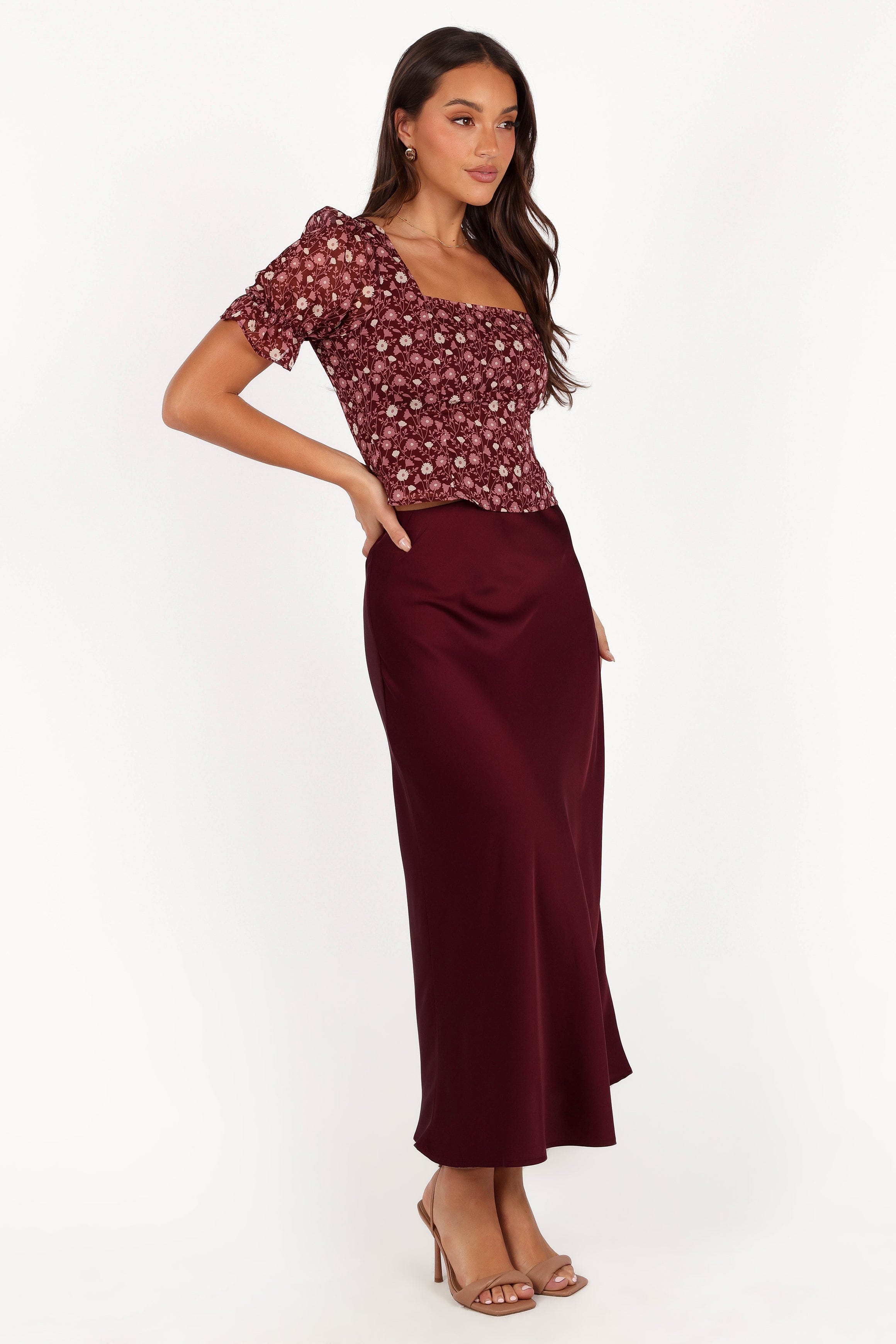 Petal and Pup USA BOTTOMS Nellie Satin Midi Skirt - Burgundy