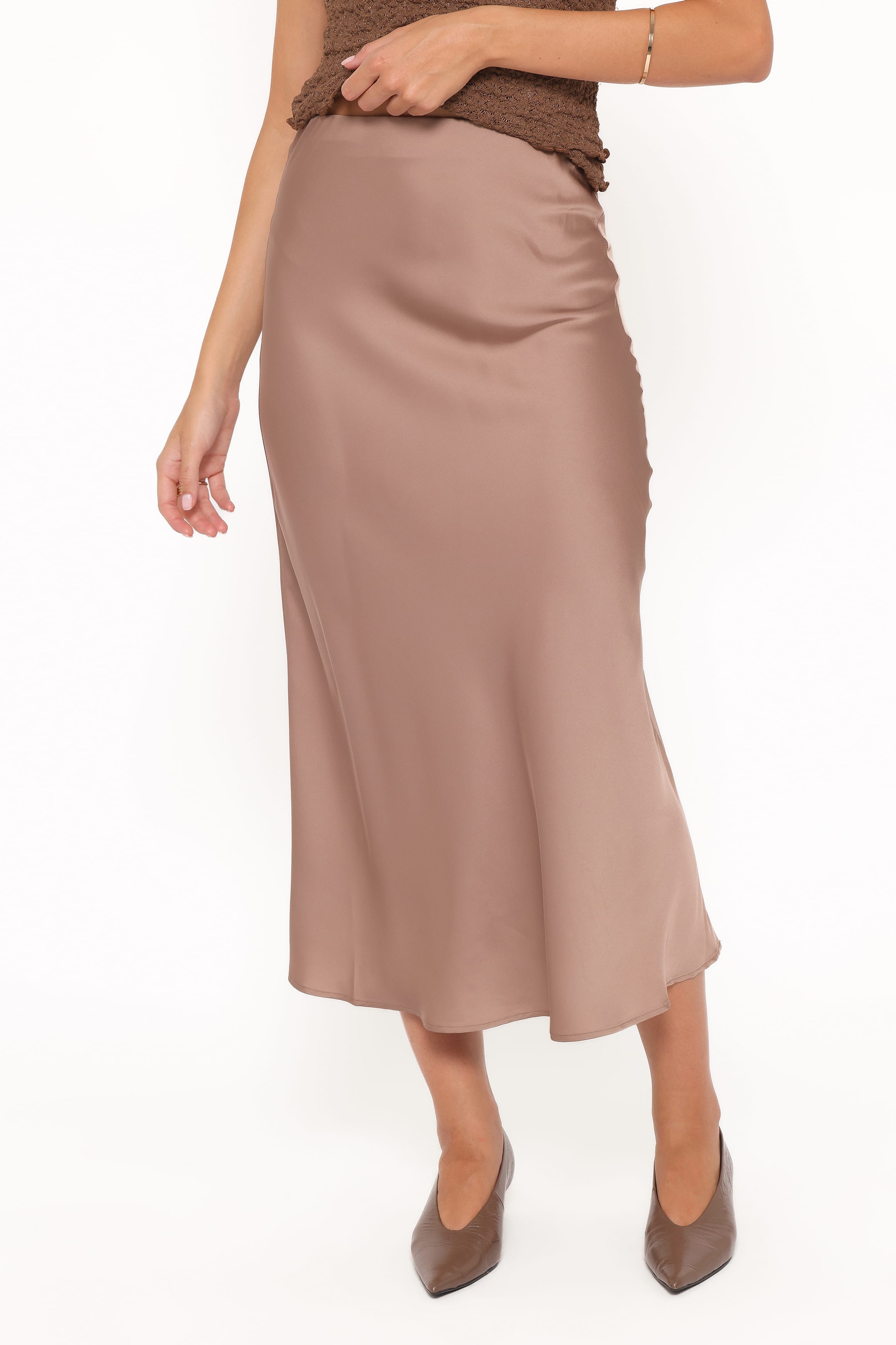 Petal and Pup USA BOTTOMS Nellie Satin Midi Skirt - Mocha Brown
