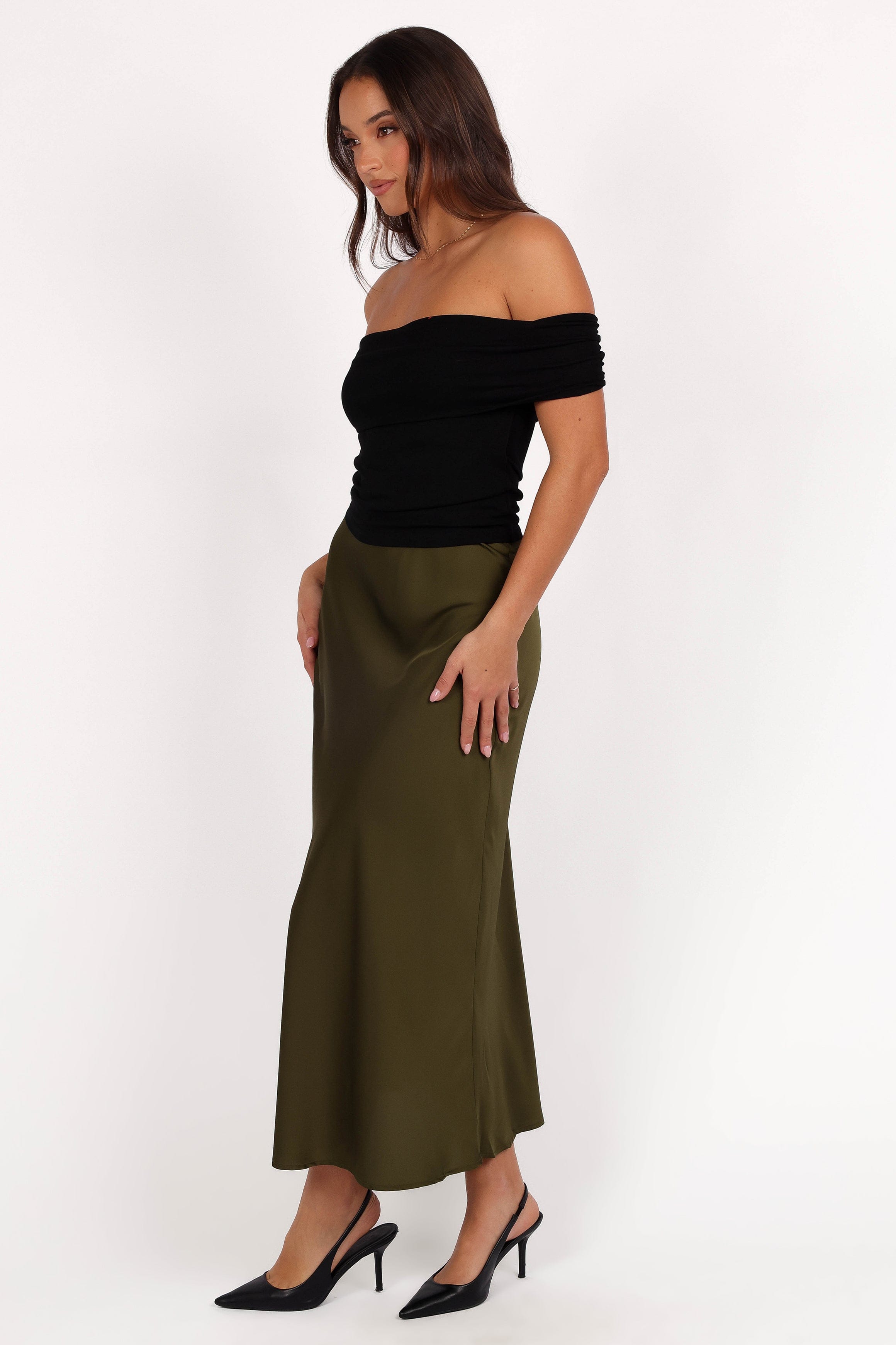 Petal and Pup USA BOTTOMS Nellie Satin Midi Skirt - Olive