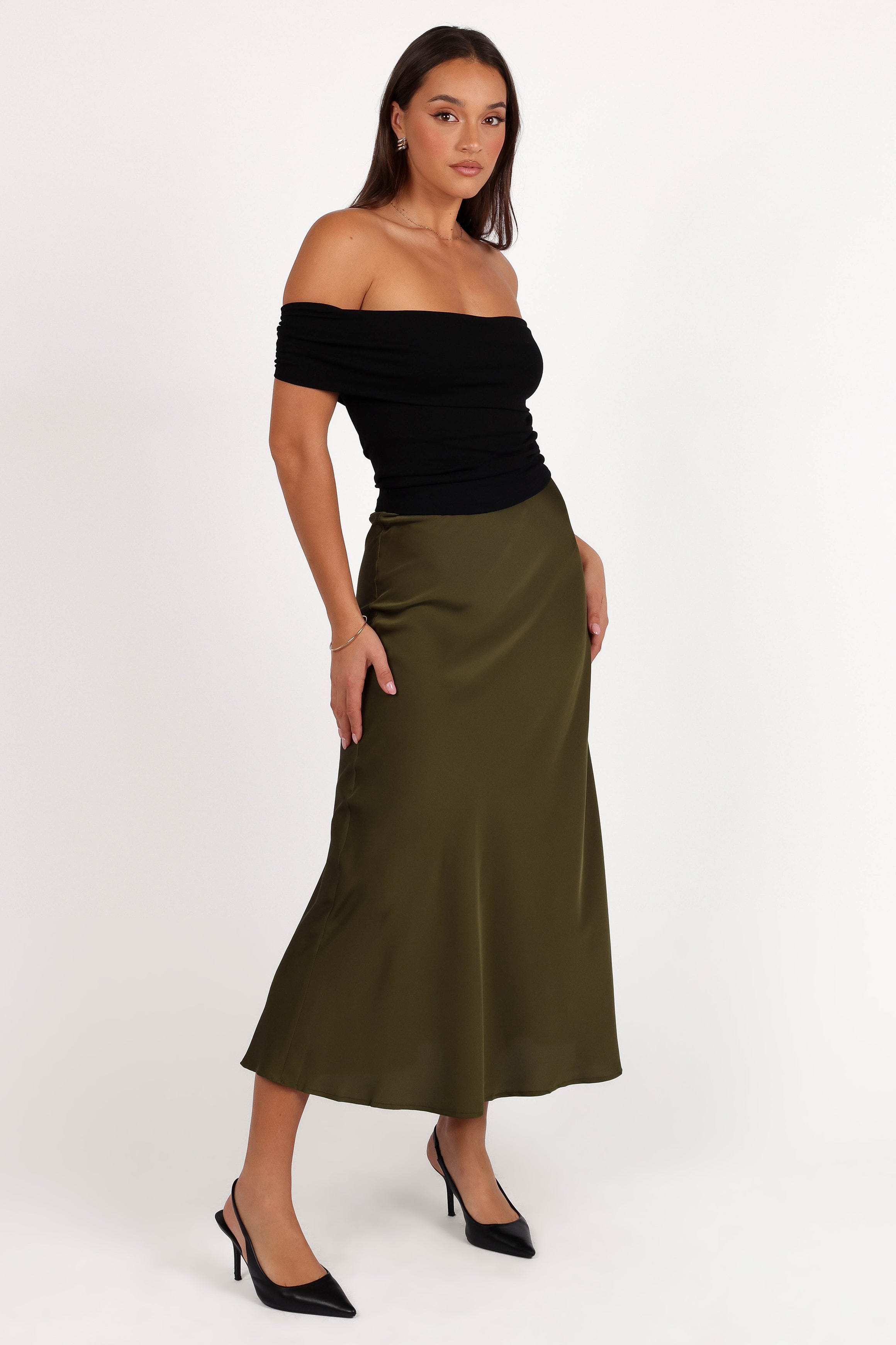 Petal and Pup USA BOTTOMS Nellie Satin Midi Skirt - Olive