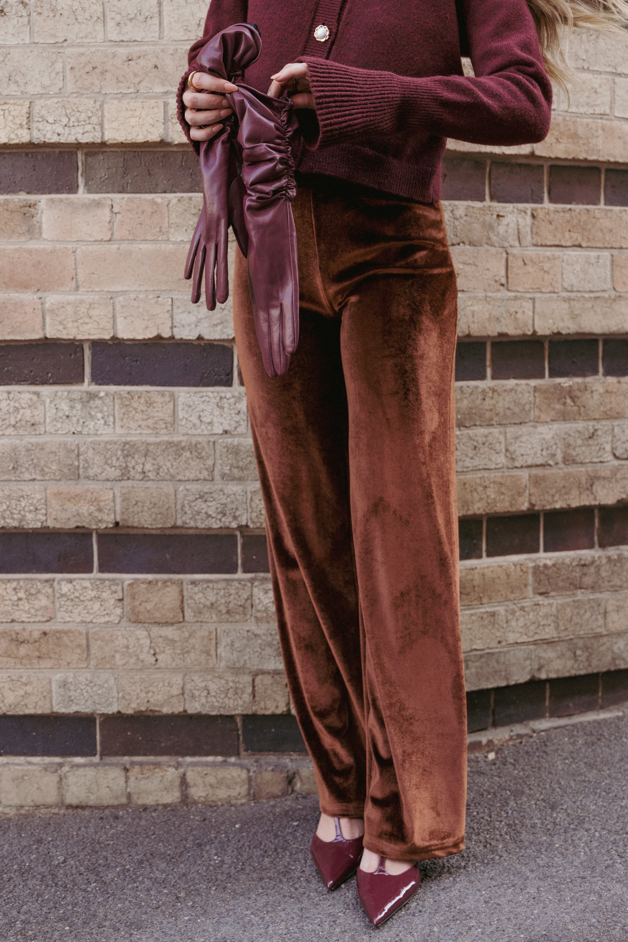 Petal and Pup USA BOTTOMS Riley Stretch Velvet Pant - Chocolate