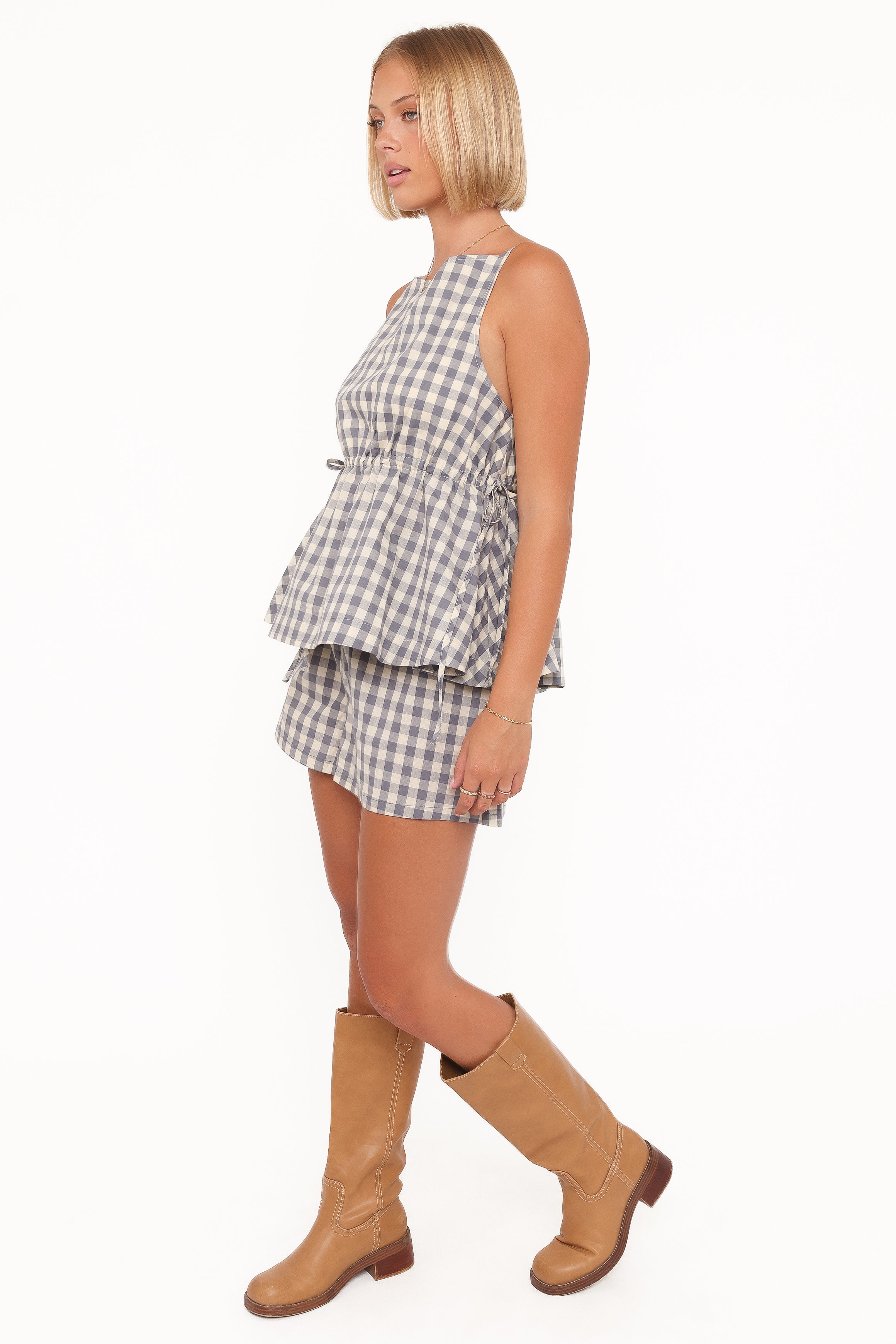 Petal and Pup USA BOTTOMS Rory Shorts - Slate Blue Gingham