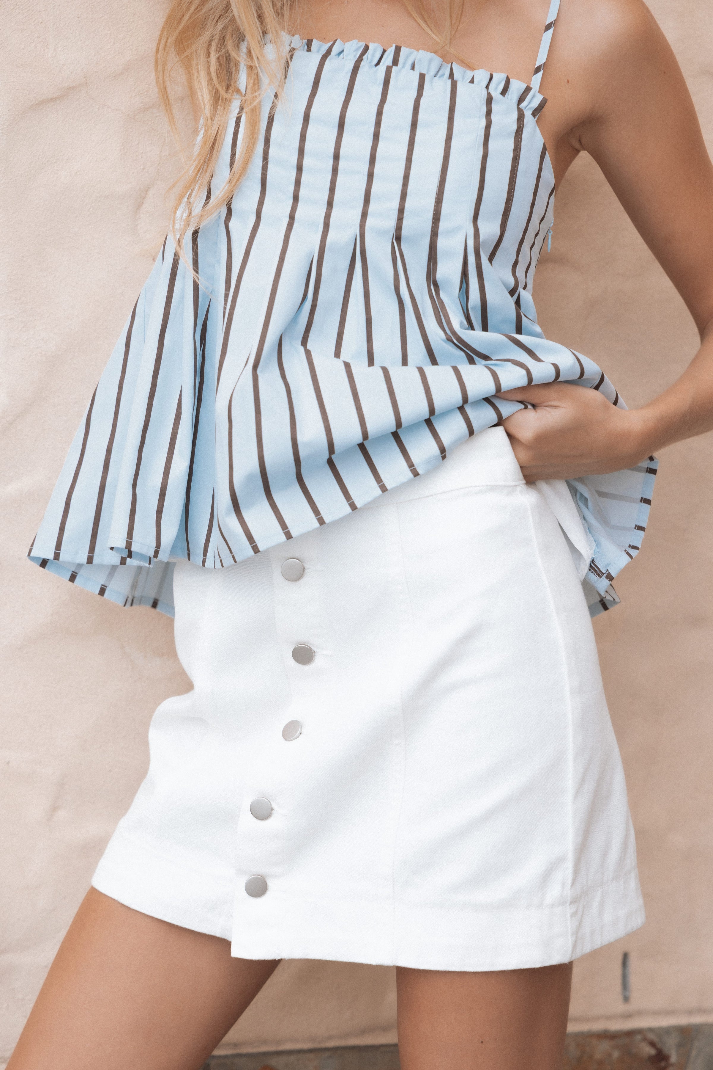 Petal and Pup USA BOTTOMS Sara Button Front Denim Mini Skirt - Off White