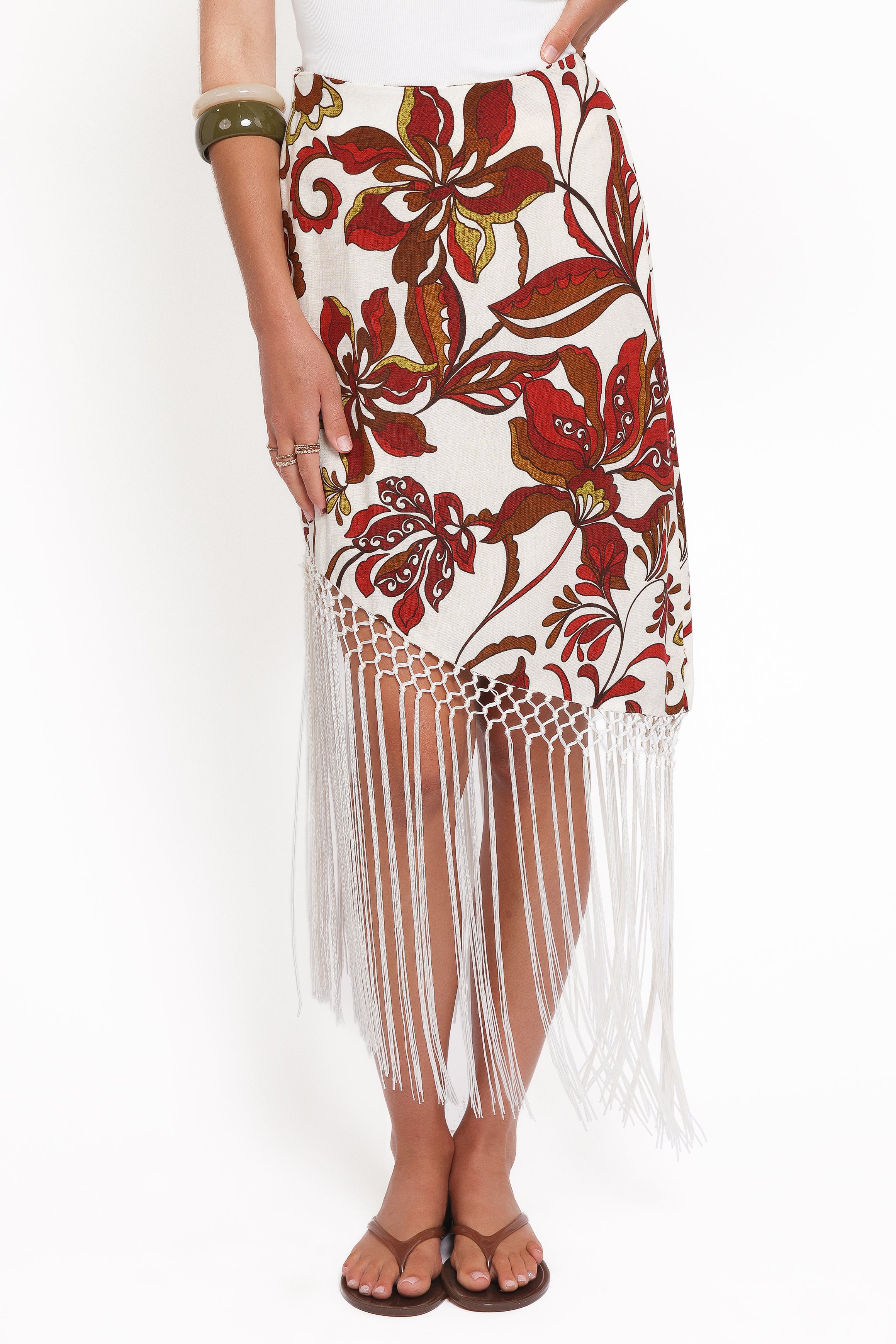 Petal and Pup USA BOTTOMS Shelby Midi Fringe Skirt - Brown Floral
