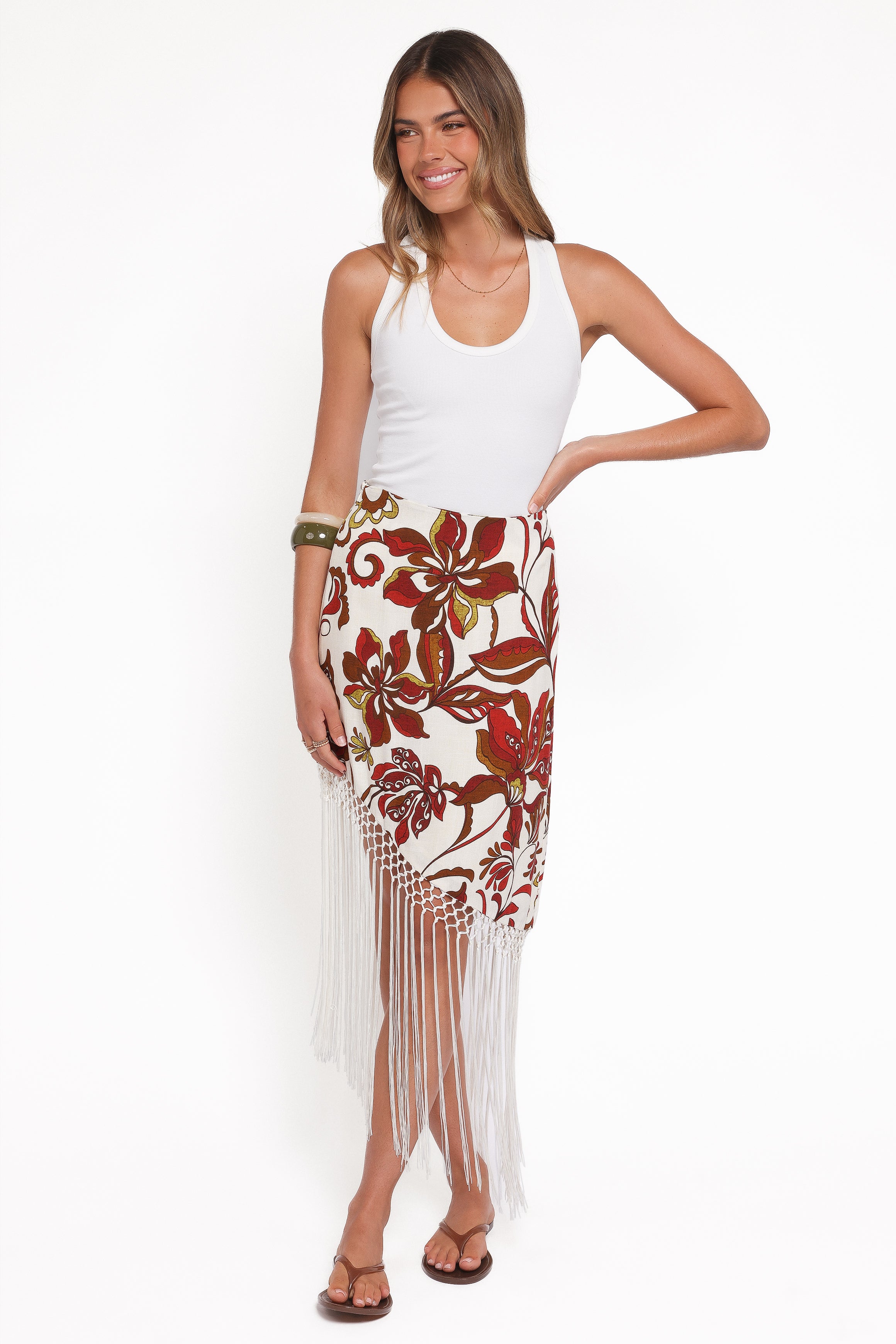 Petal and Pup USA BOTTOMS Shelby Midi Fringe Skirt - Brown Floral