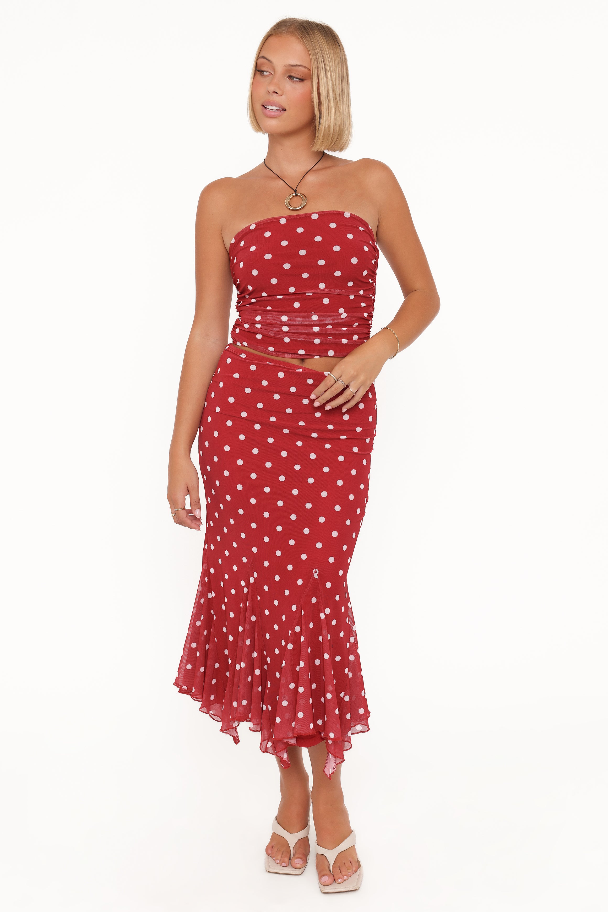Petal and Pup USA BOTTOMS Tullia Mesh Midi Skirt - Red Polka Dot