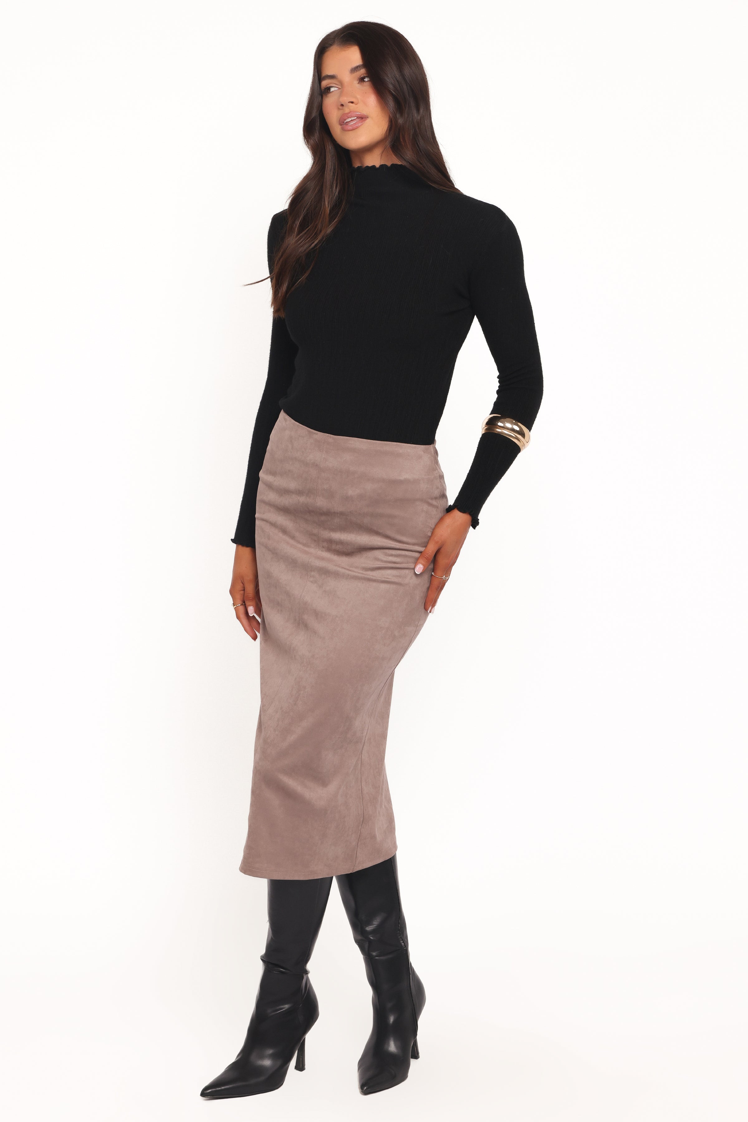 Petal and Pup USA BOTTOMS Una Suede Midi Skirt - Mushroom