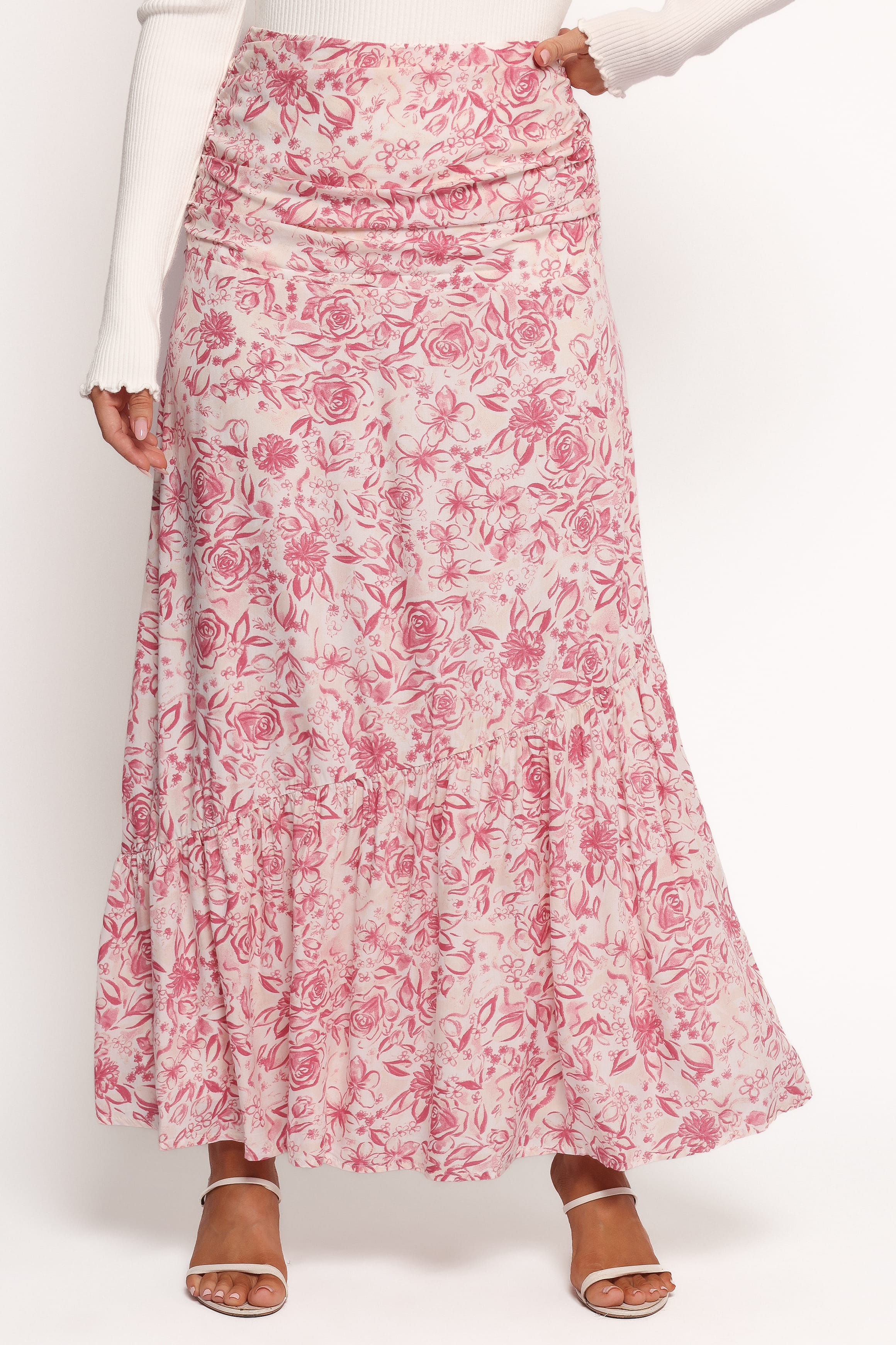 Petal and Pup USA BOTTOMS Velda Ruched Maxi Skirt - Pink Floral