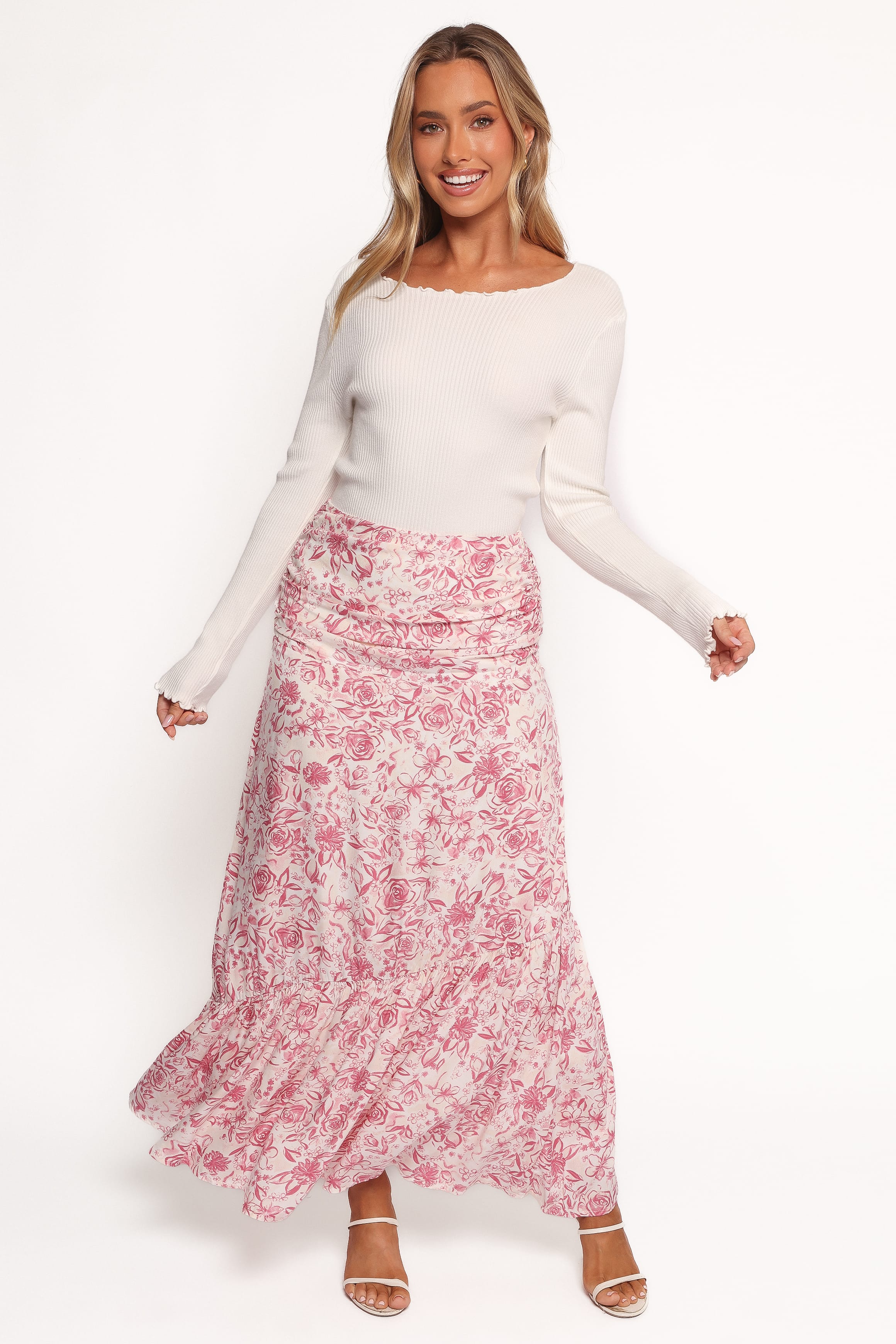 Petal and Pup USA BOTTOMS Velda Ruched Maxi Skirt - Pink Floral