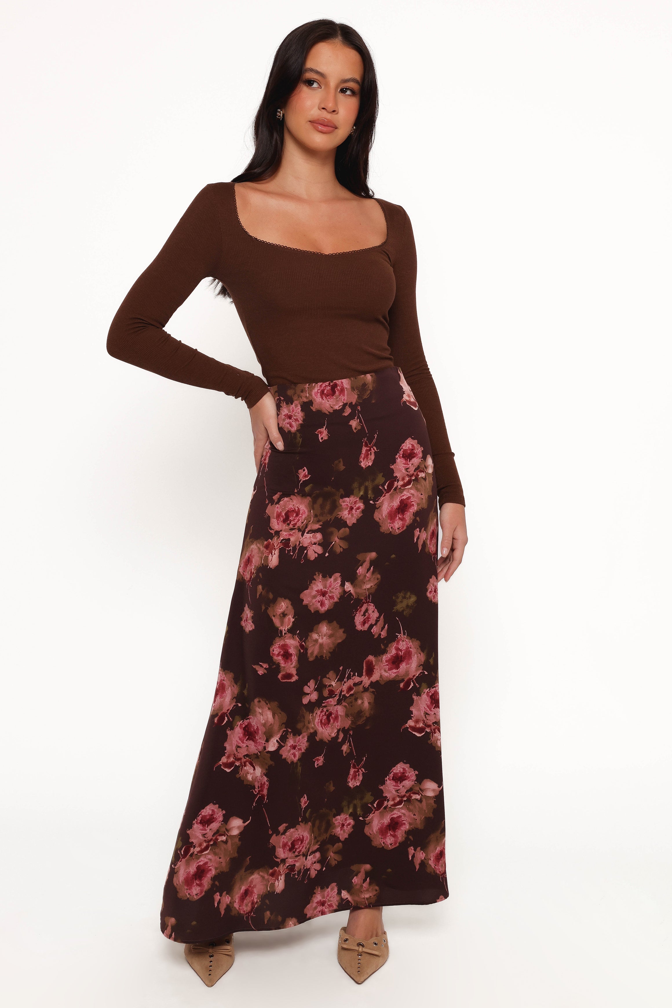 Petal and Pup USA BOTTOMS Vivie Midi Skirt - Chocolate Floral