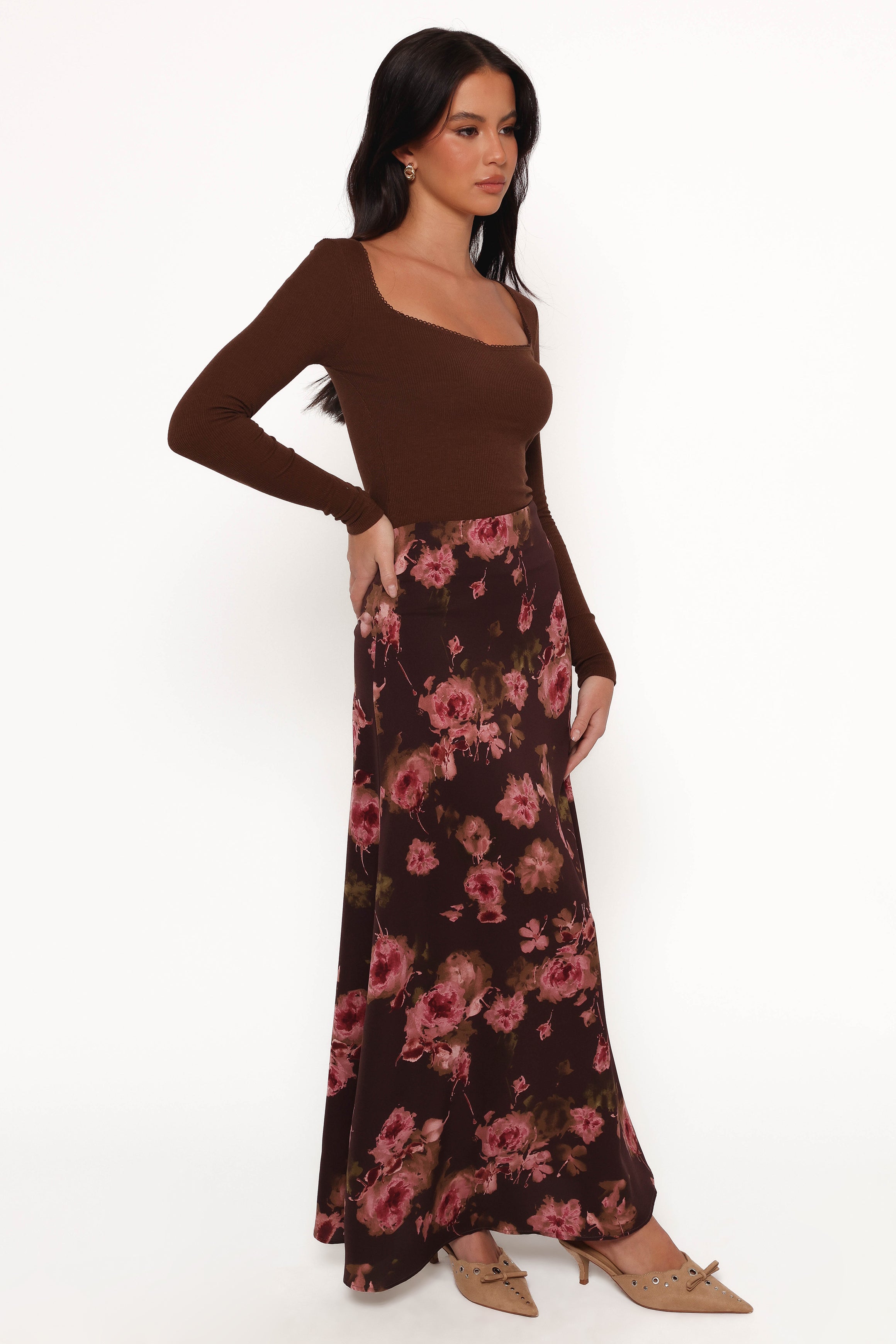 Petal and Pup USA BOTTOMS Vivie Midi Skirt - Chocolate Floral