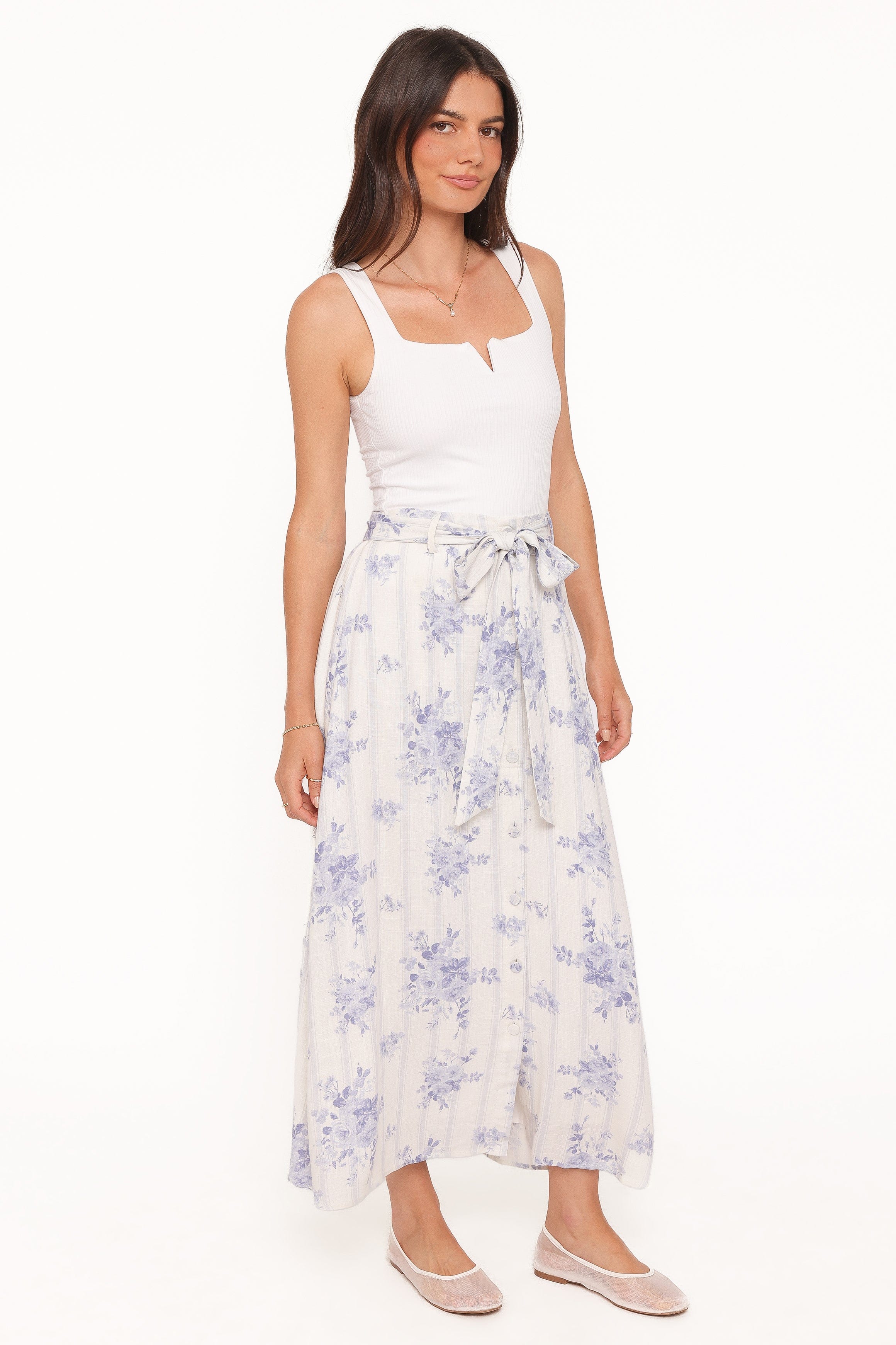 Petal and Pup USA BOTTOMS Xander Tie Waist Midi Skirt - Lilac Floral