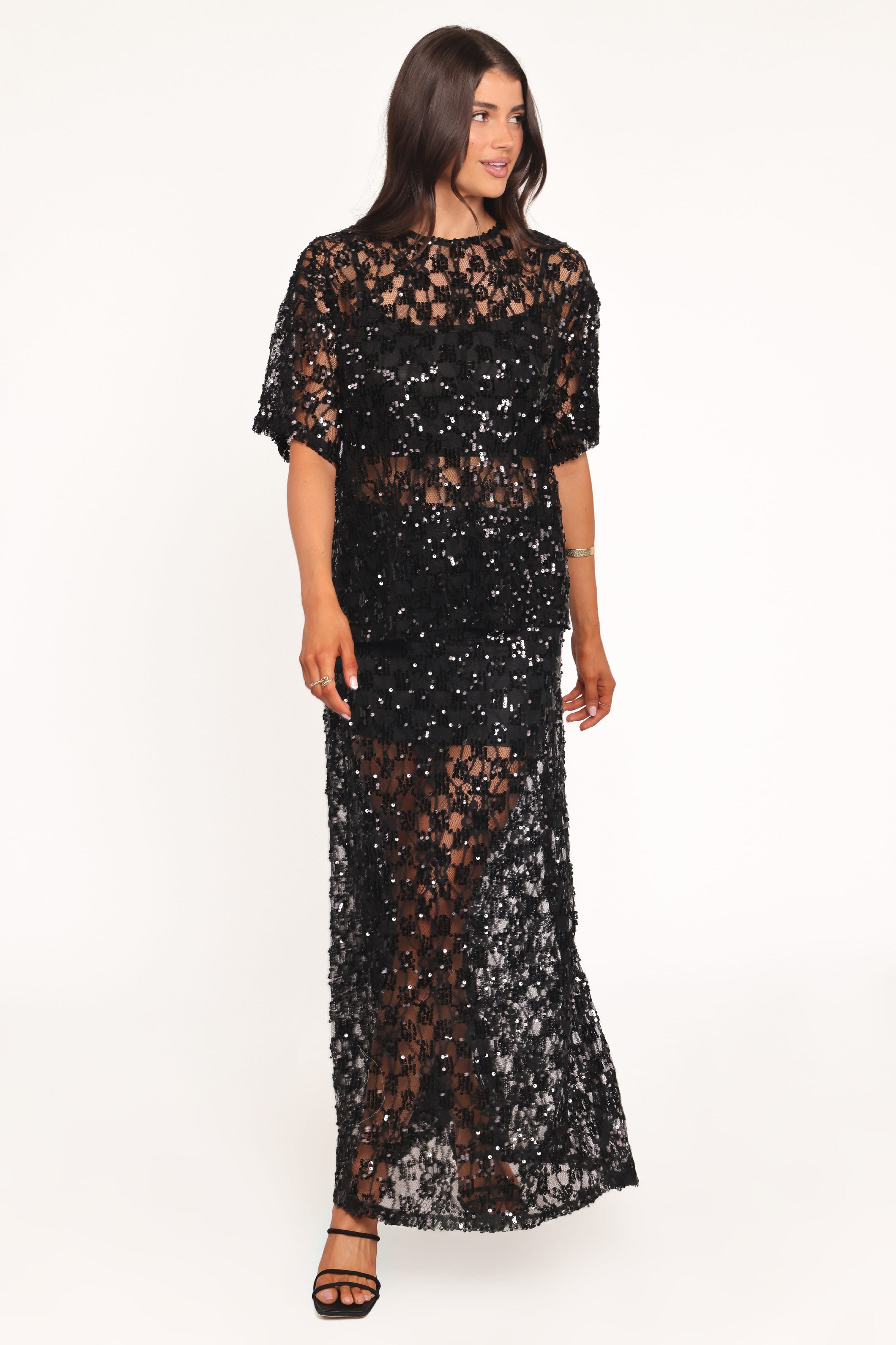 Petal and Pup USA BOTTOMS Yonder Sheer Panel Lace Maxi Skirt - Black