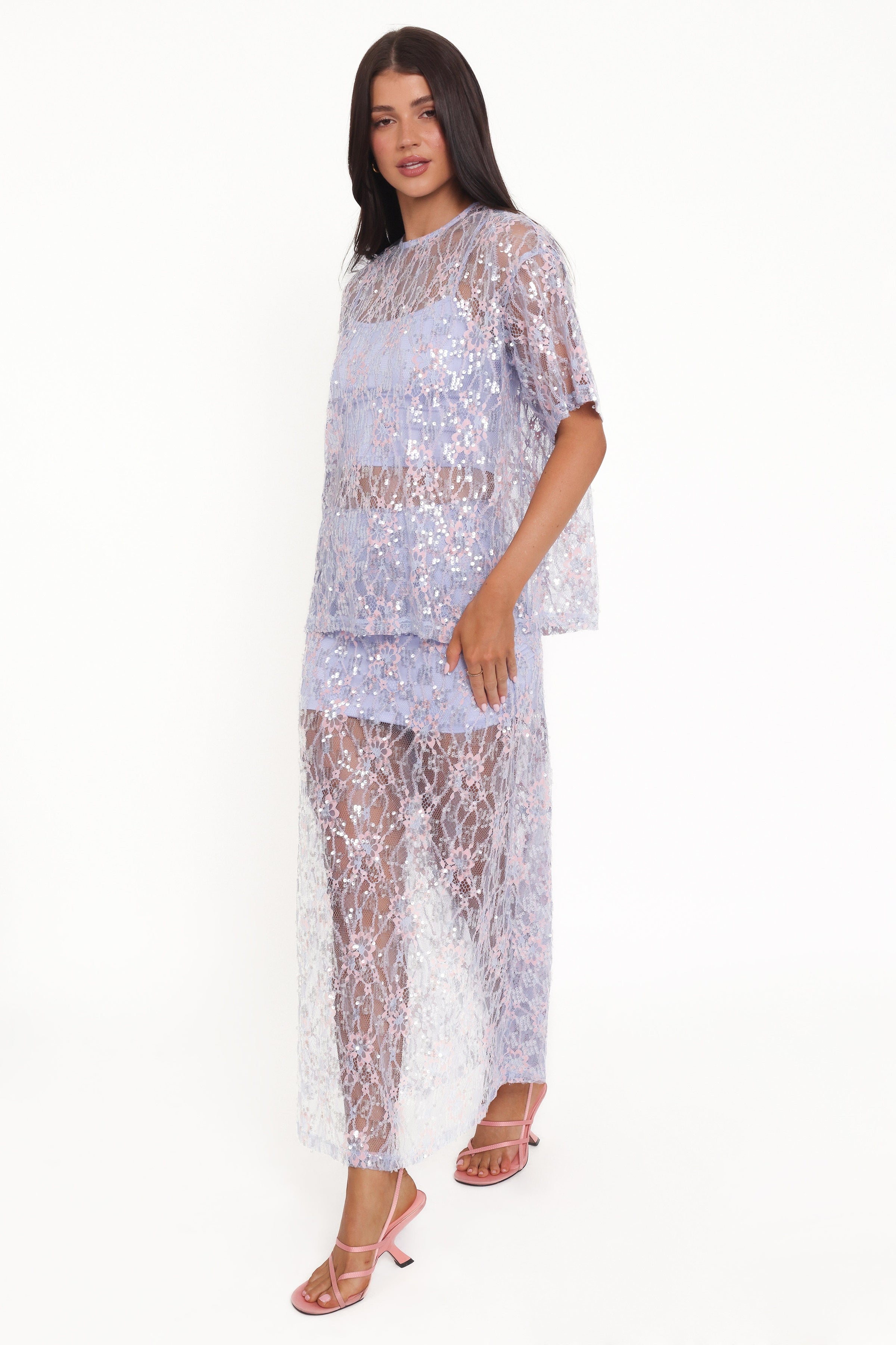 Petal and Pup USA BOTTOMS Yonder Sheer Panel Lace Maxi Skirt - Purple