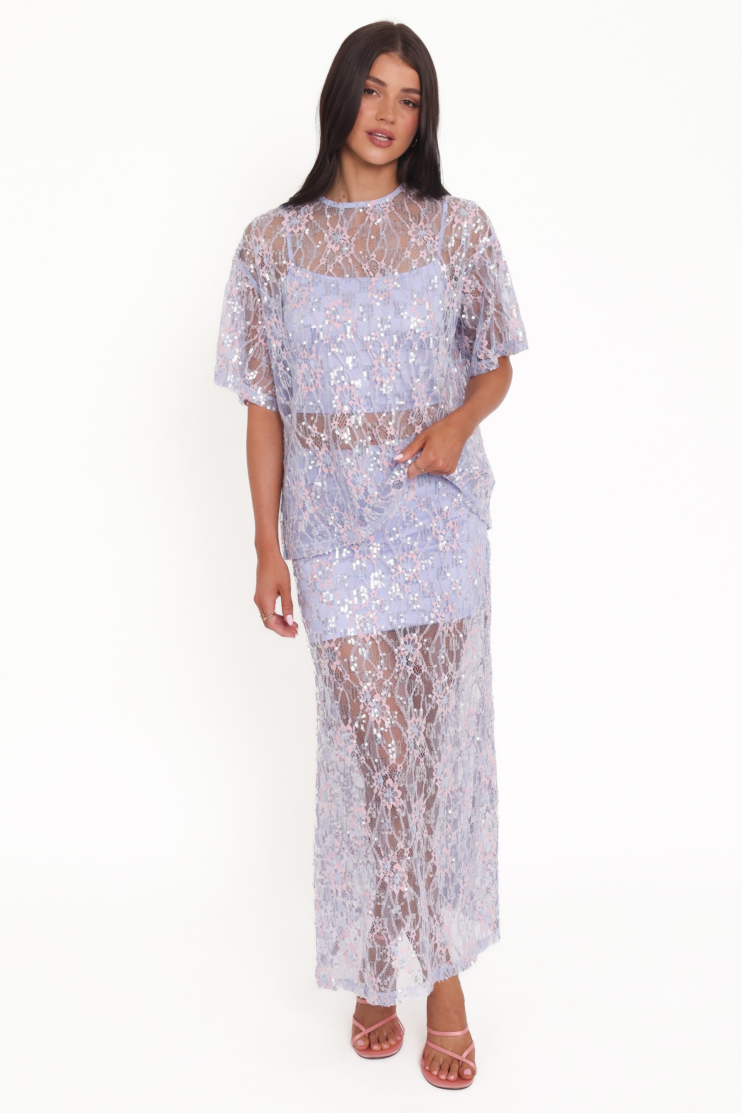 Petal and Pup USA BOTTOMS Yonder Sheer Panel Lace Maxi Skirt - Purple