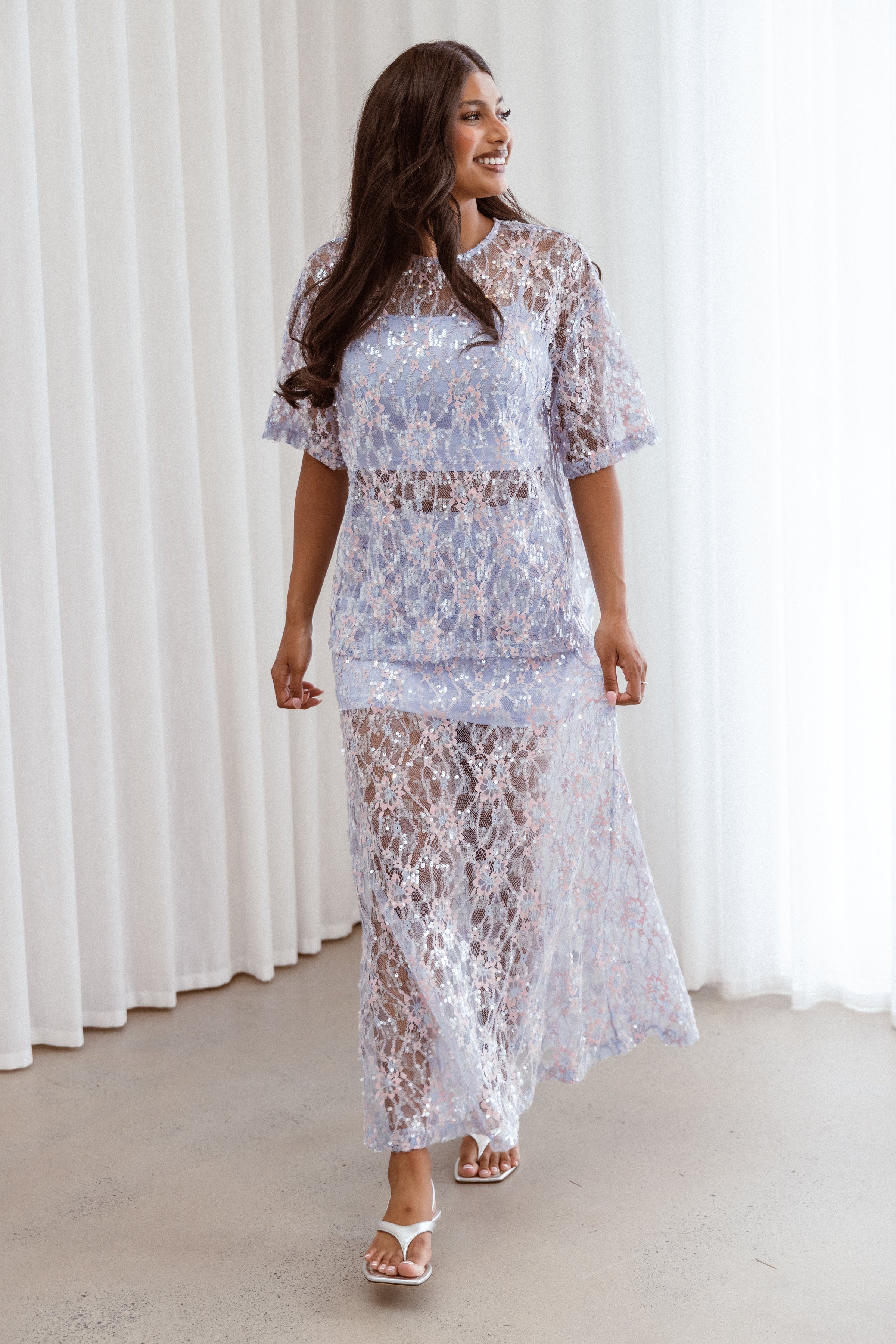 Petal and Pup USA BOTTOMS Yonder Sheer Panel Lace Maxi Skirt - Purple