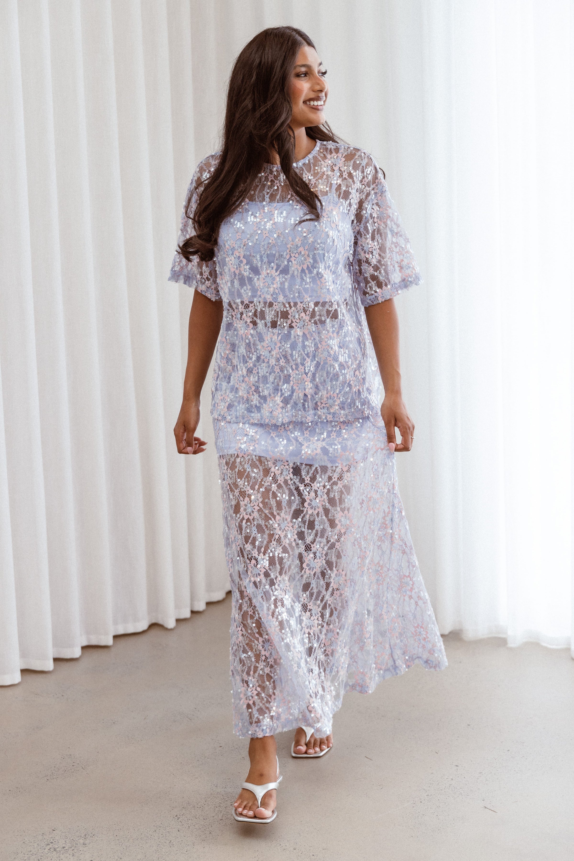 Petal and Pup USA BOTTOMS Yonder Sheer Panel Lace Maxi Skirt - Purple