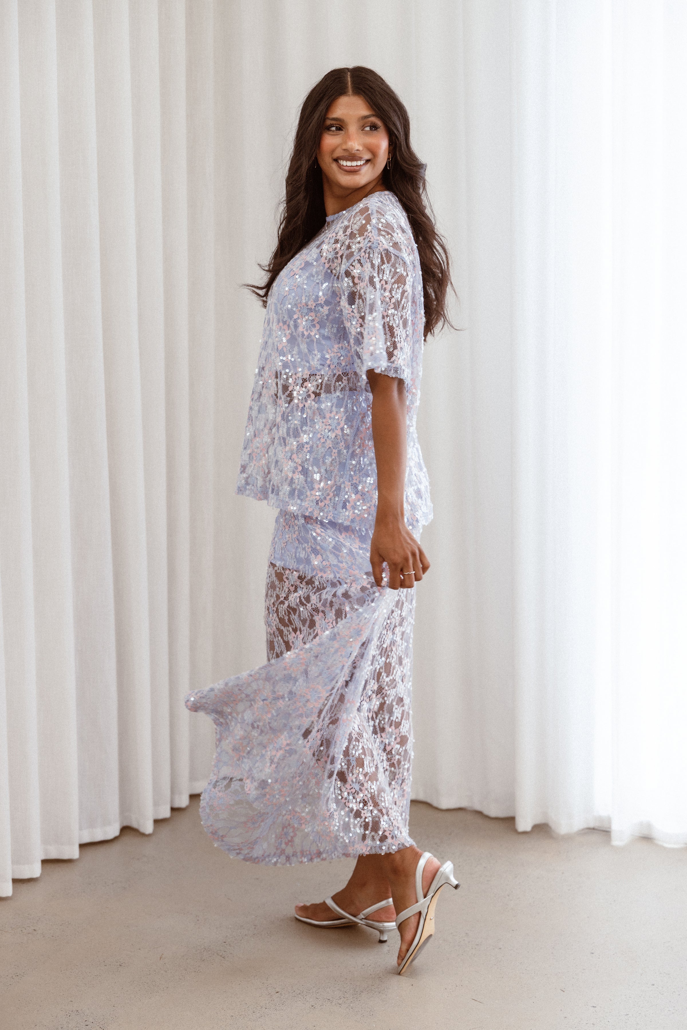 Petal and Pup USA BOTTOMS Yonder Sheer Panel Lace Maxi Skirt - Purple