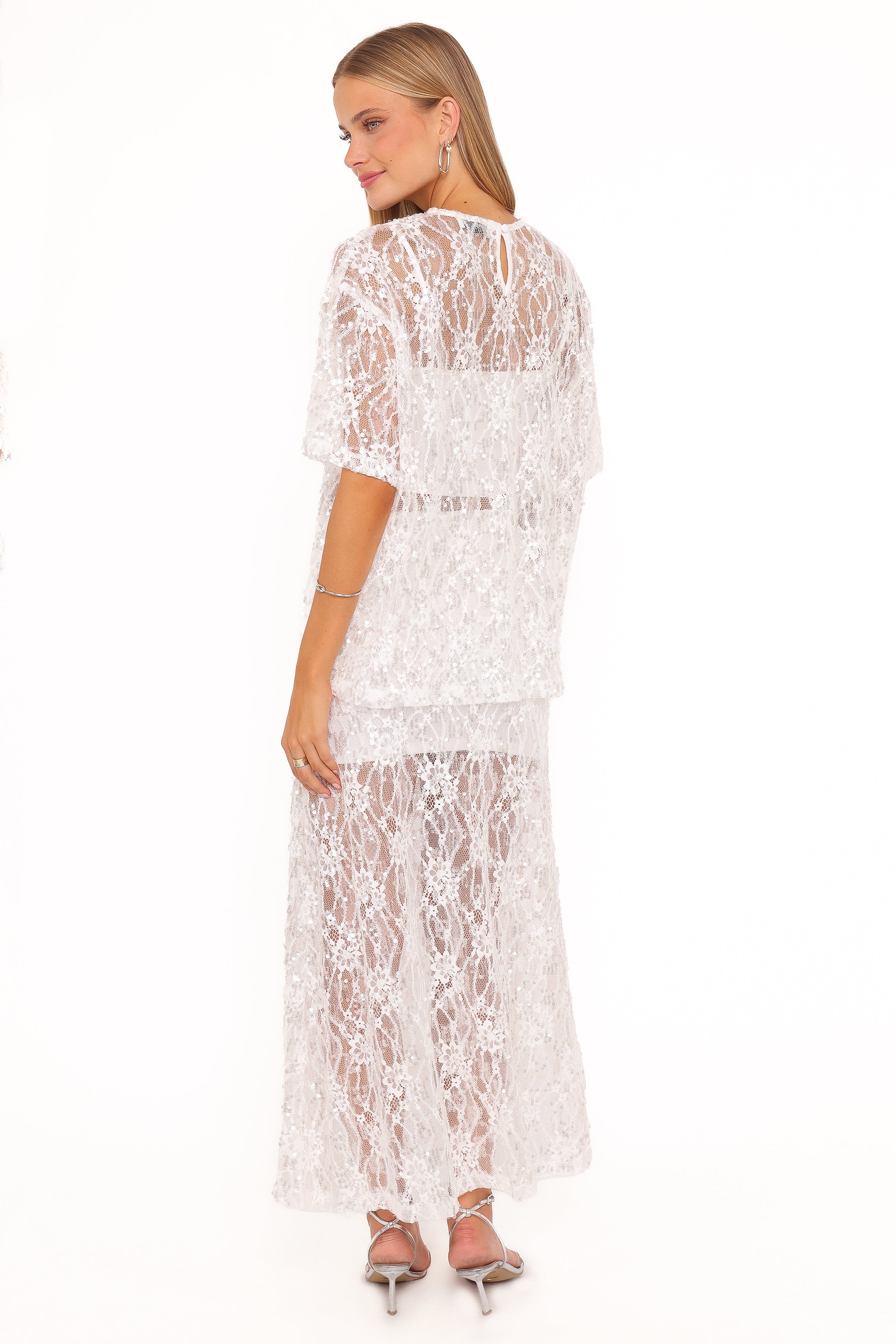 Petal and Pup USA BOTTOMS Yonder Sheer Panel Lace Maxi Skirt - White
