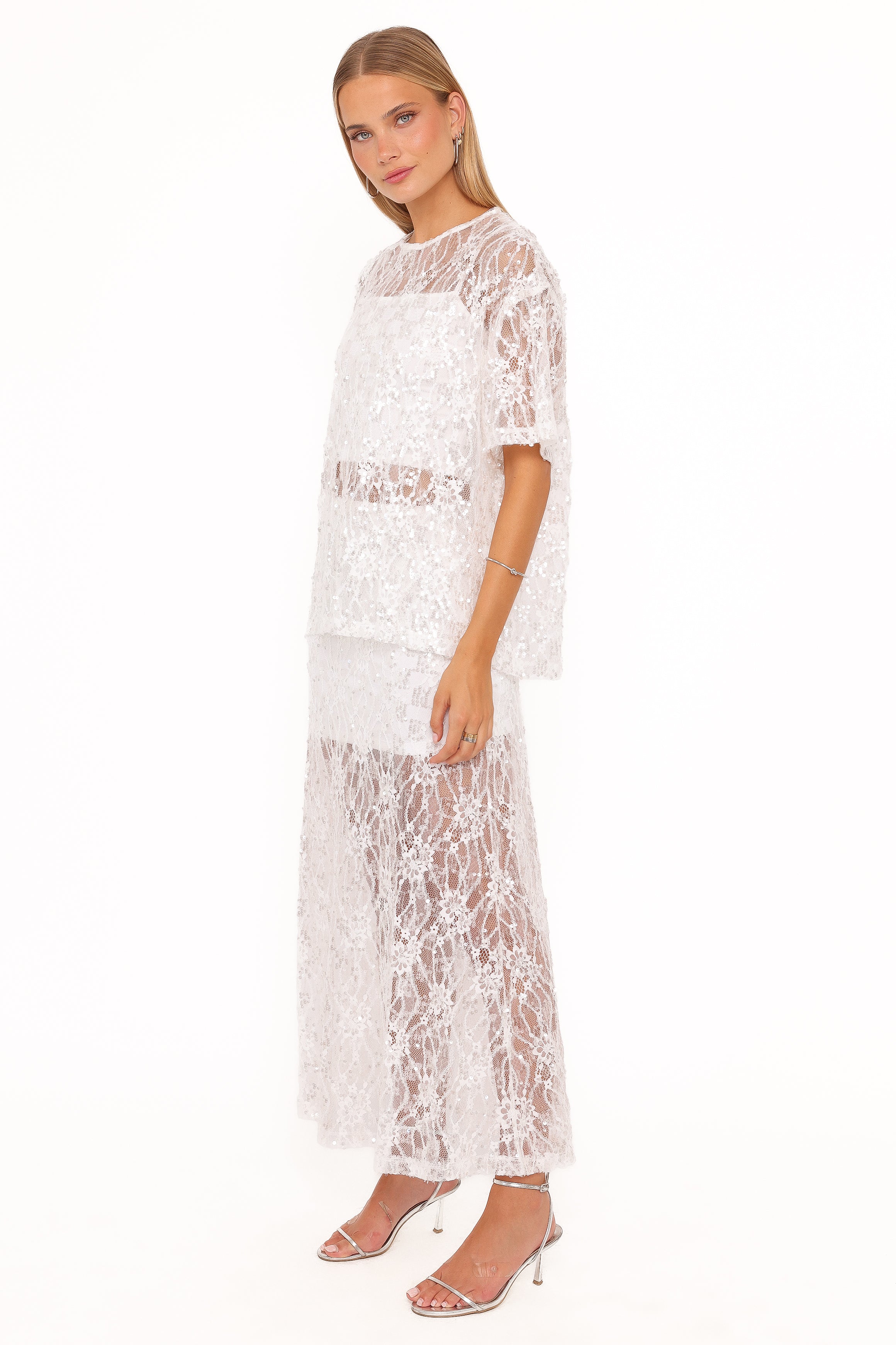 Petal and Pup USA BOTTOMS Yonder Sheer Panel Lace Maxi Skirt - White