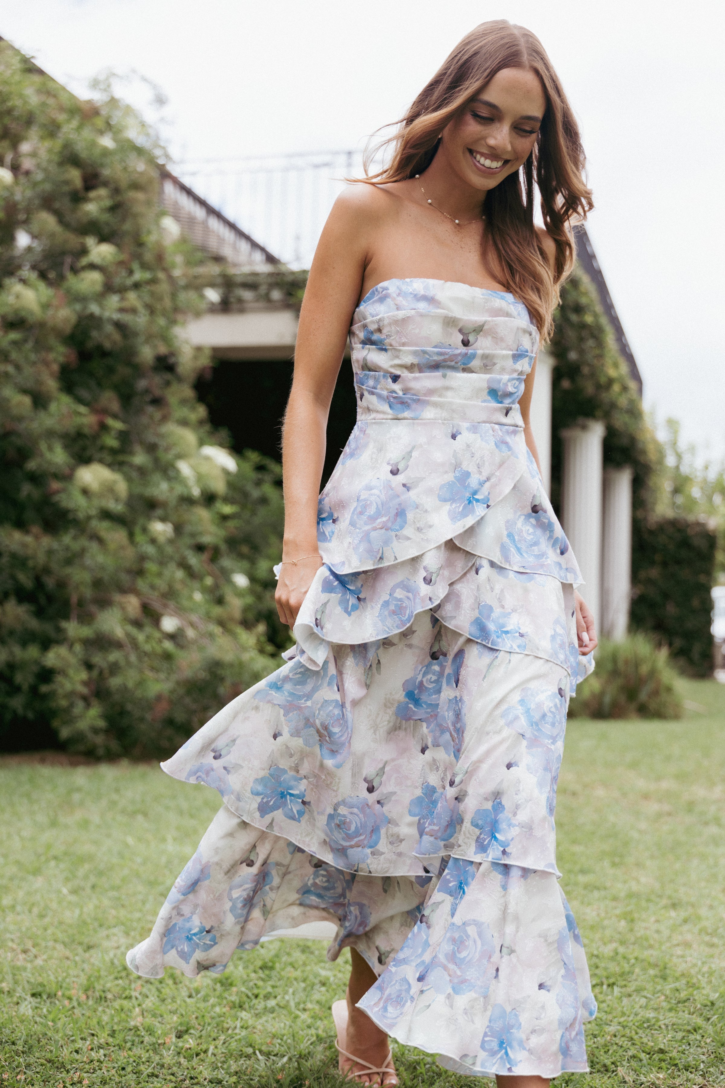 Petal and Pup USA DRESSES Admira Strapless Maxi Dress - Blue Floral