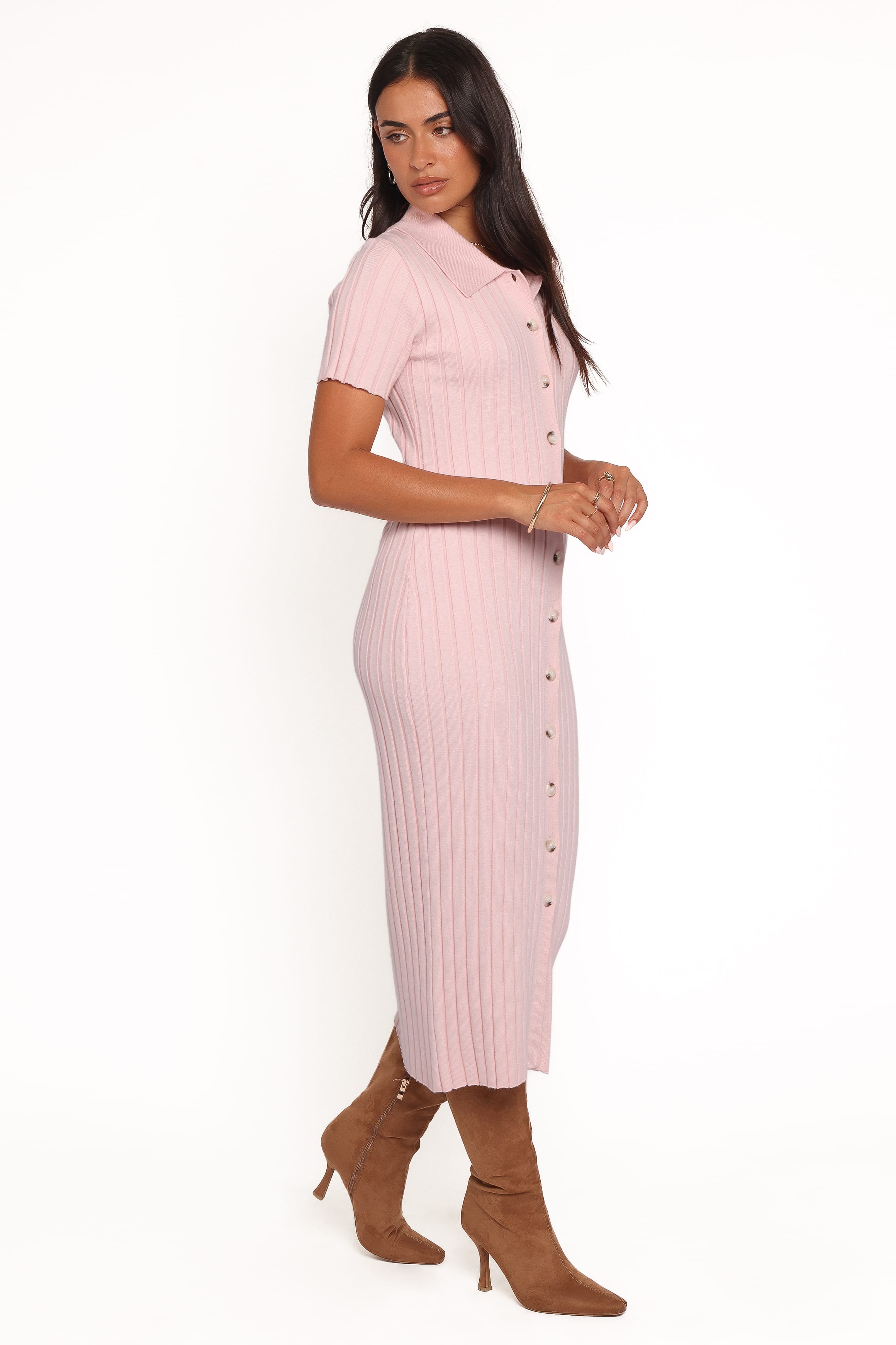 Petal and Pup USA DRESSES Aisha Short Sleeve Knit Midi Dress - Pink