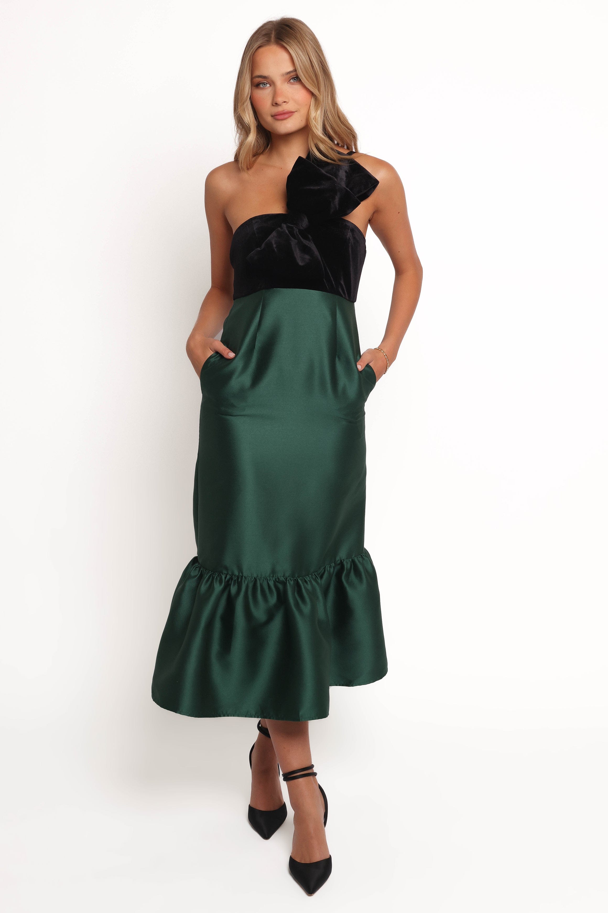 Petal and Pup USA DRESSES Amelie Bow Front One Shoulder Midi Dress - Black/Emerald