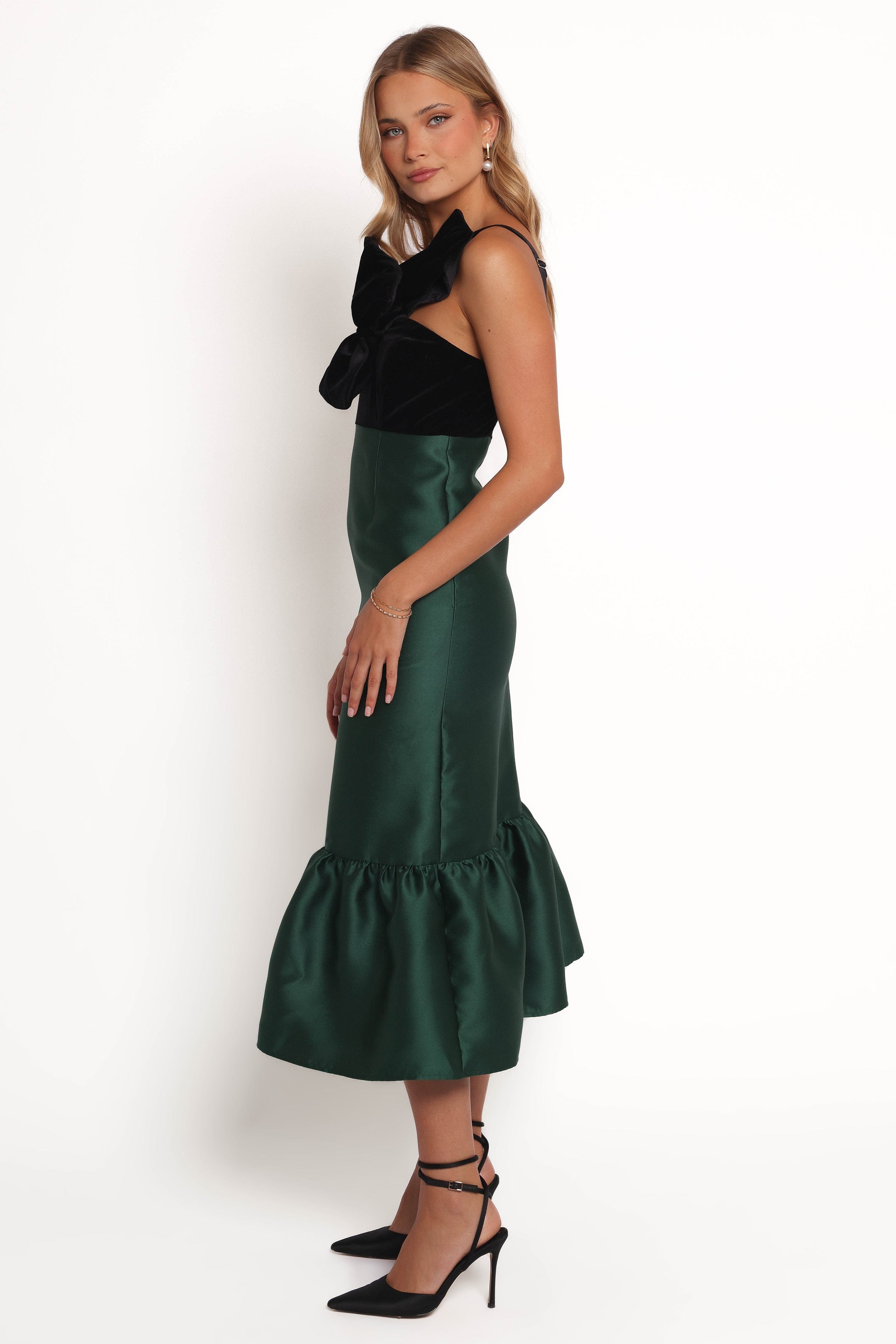Petal and Pup USA DRESSES Amelie Bow Front One Shoulder Midi Dress - Black/Emerald