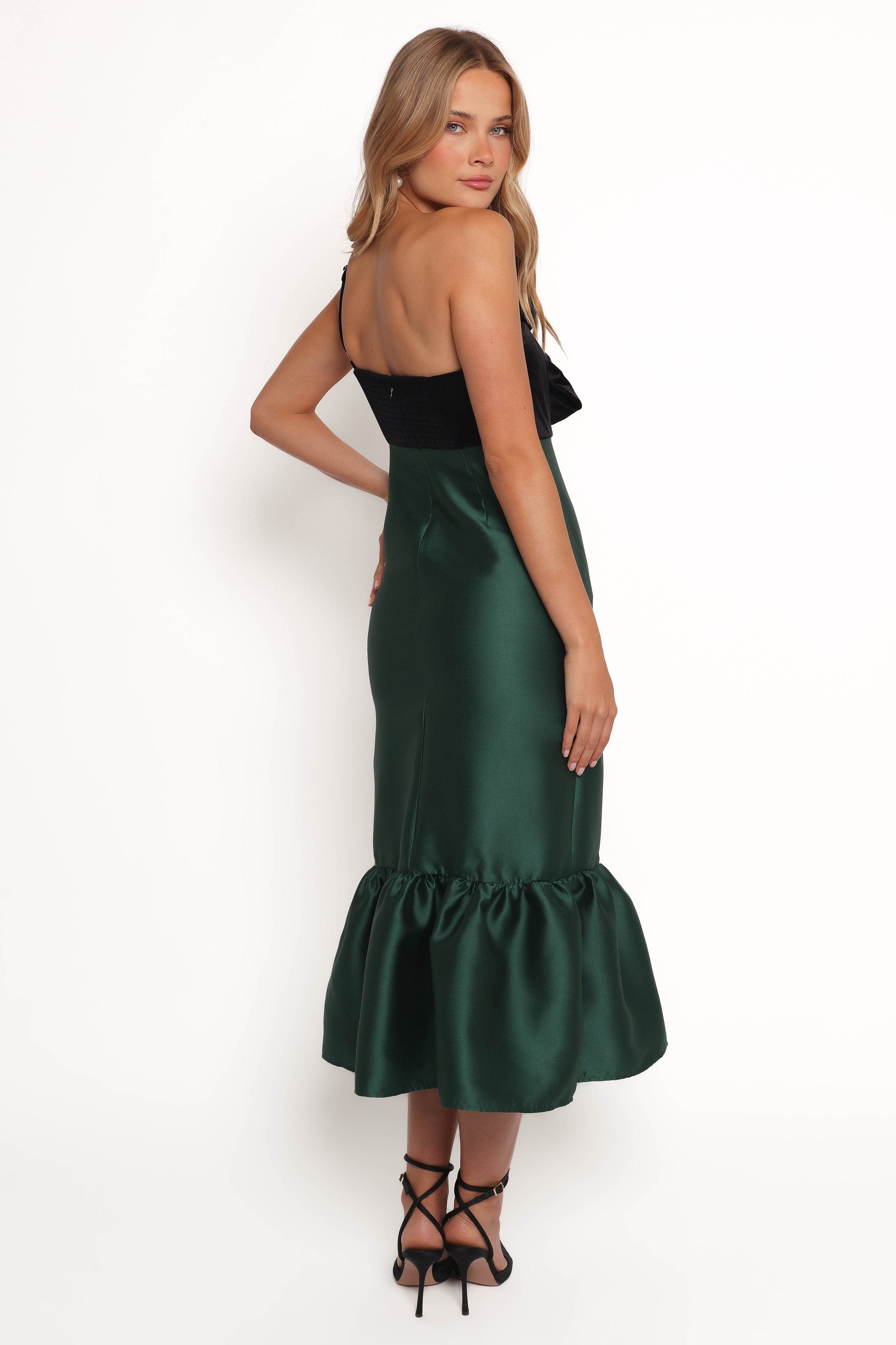 Petal and Pup USA DRESSES Amelie Bow Front One Shoulder Midi Dress - Black/Emerald