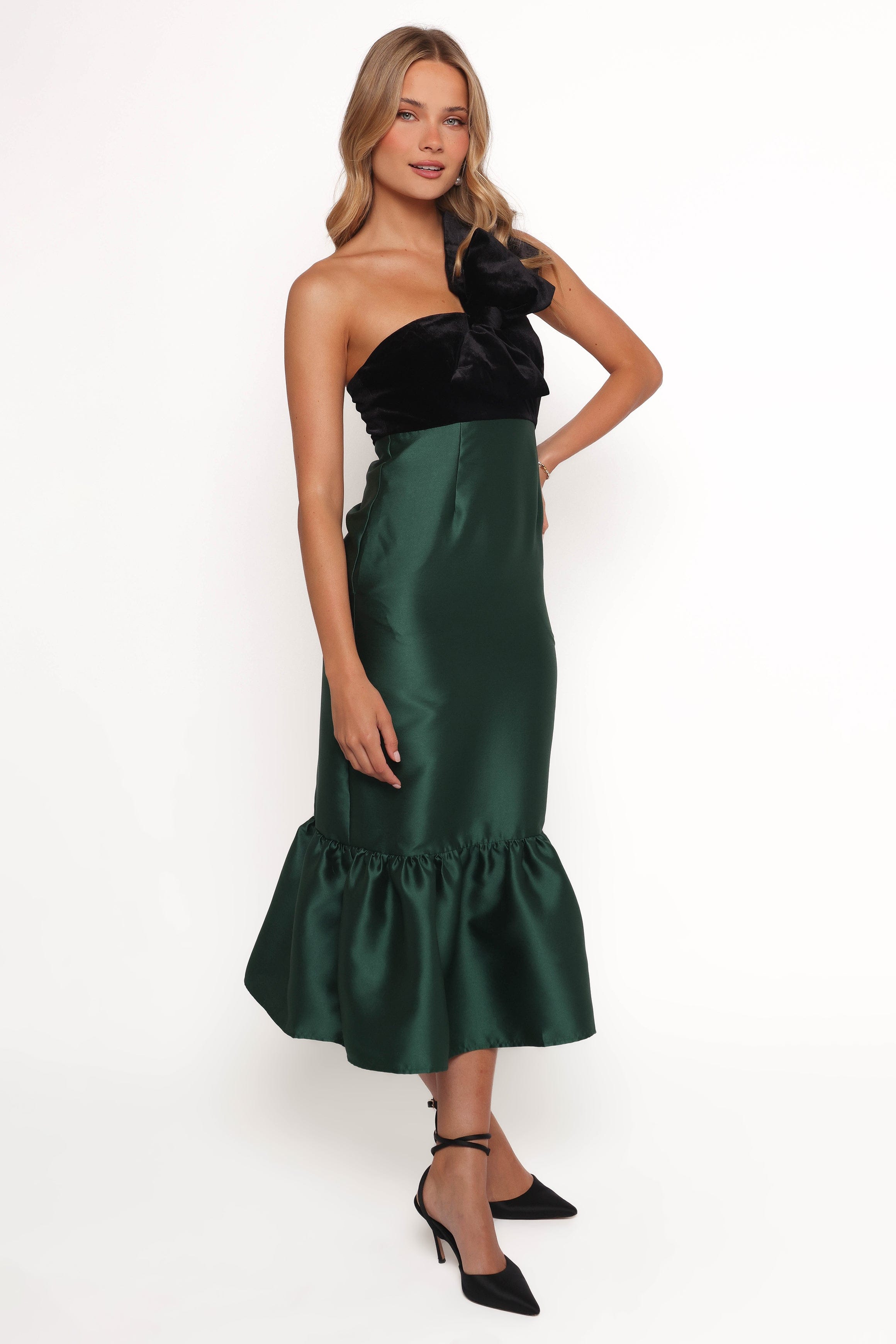 Petal and Pup USA DRESSES Amelie Bow Front One Shoulder Midi Dress - Black/Emerald