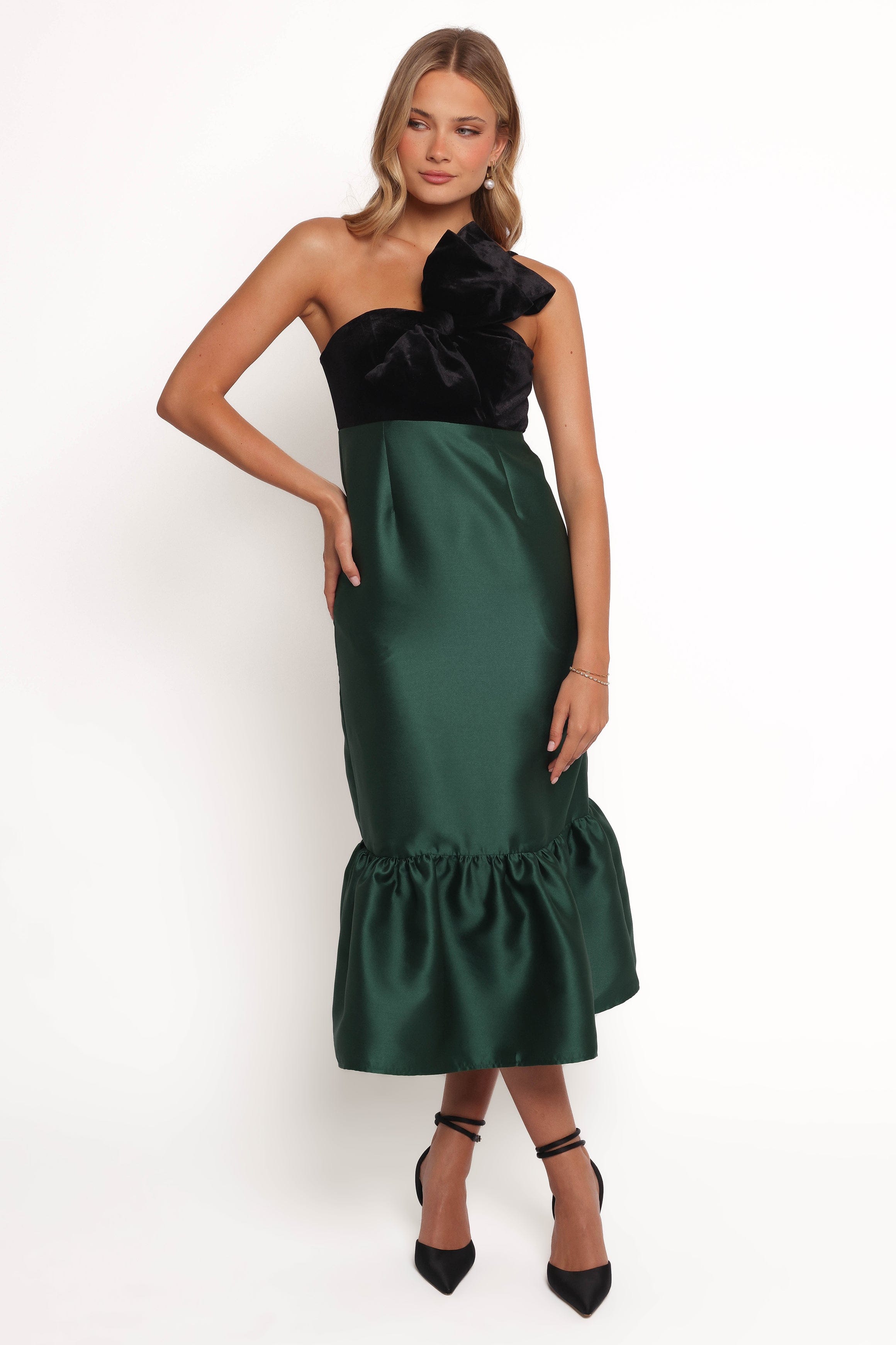 Petal and Pup USA DRESSES Amelie Bow Front One Shoulder Midi Dress - Black/Emerald