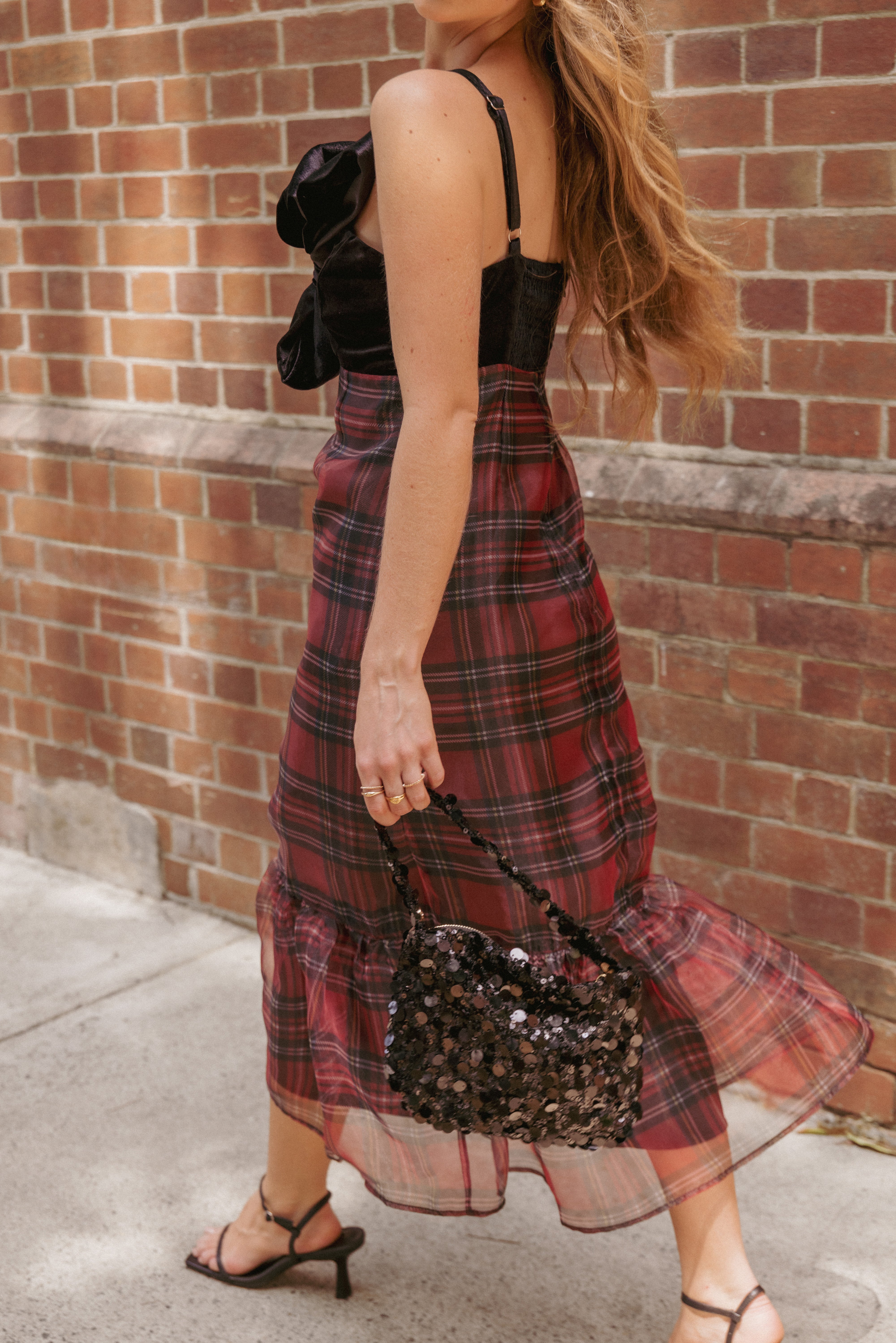 Amelie Bow Front One Shoulder Midi Dress - Red Plaid | Petal & Pup USA