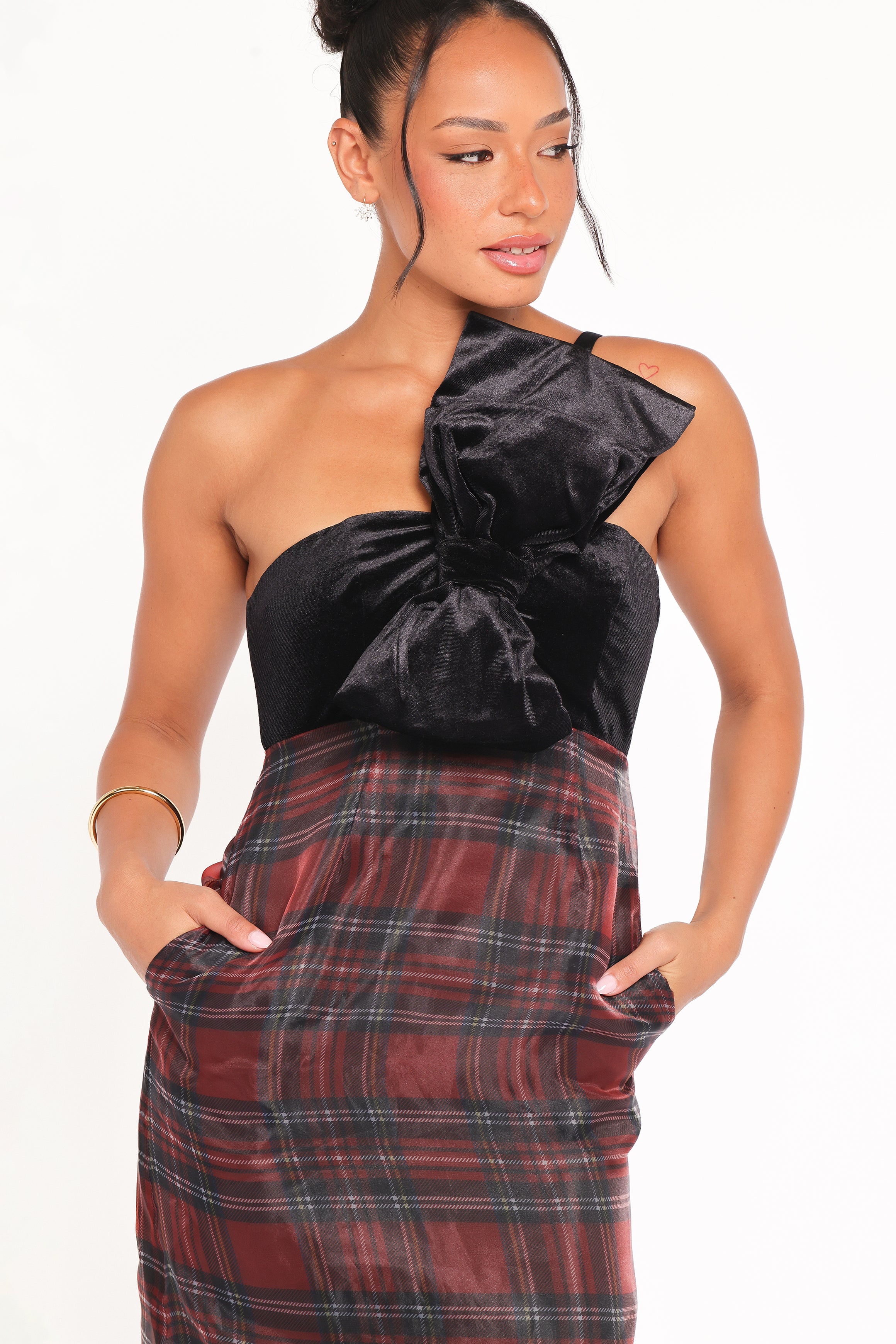 Petal and Pup USA DRESSES Amelie Bow Front One Shoulder Midi Dress - Red Plaid