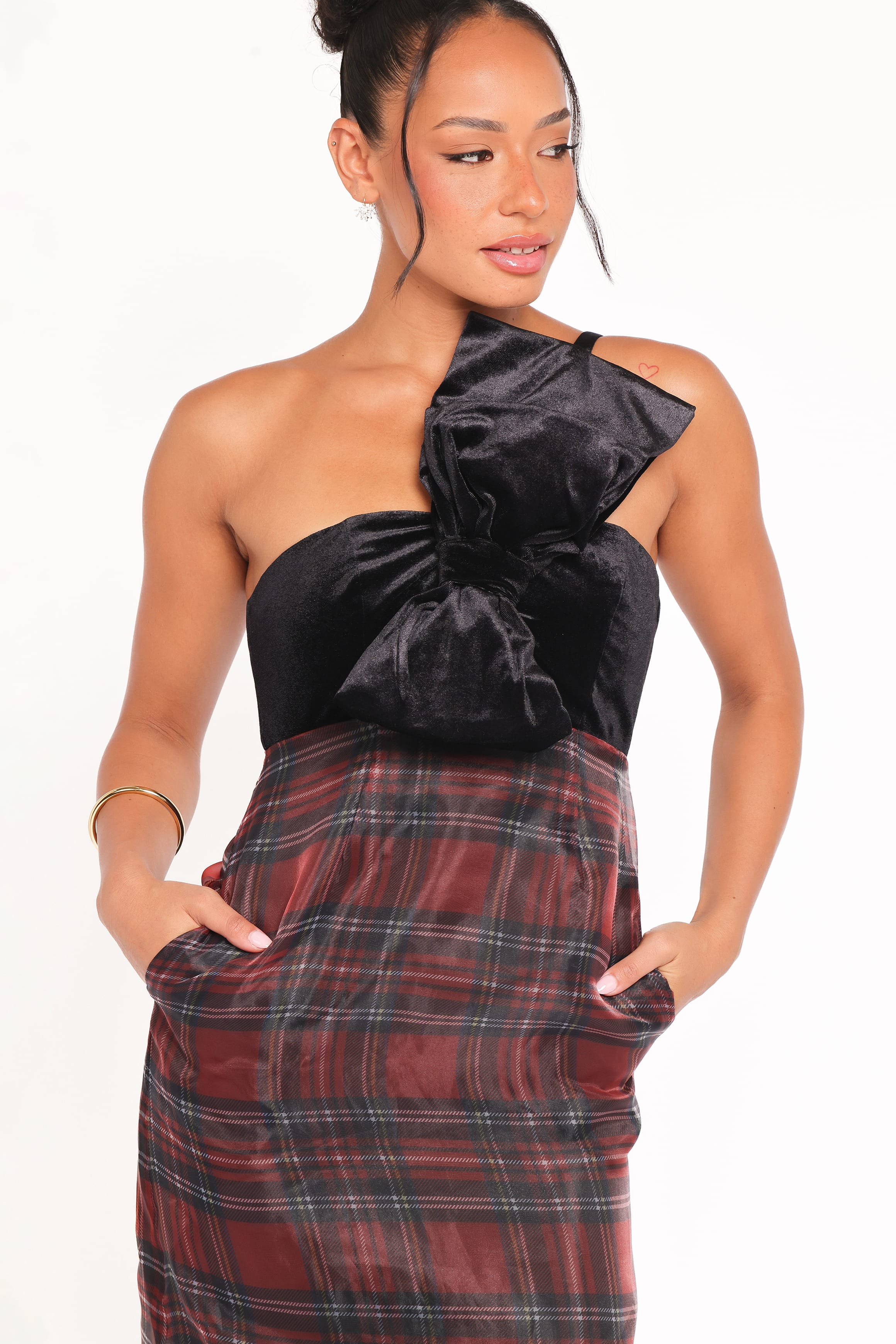 Petal and Pup USA DRESSES Amelie Bow Front One Shoulder Midi Dress - Red Plaid