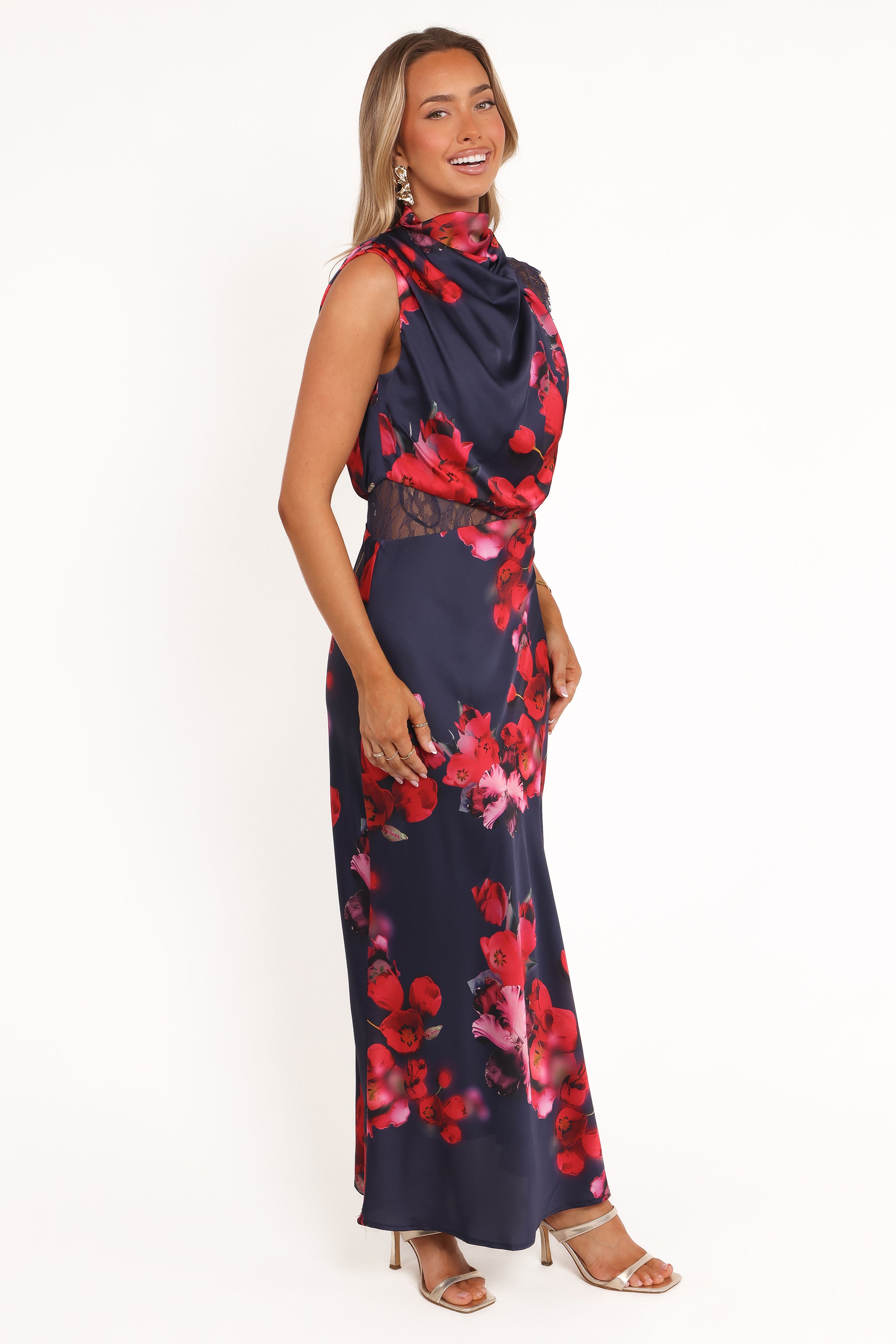 Petal and Pup USA DRESSES Anabelle Halter Neck Lace Maxi Dress - Navy Floral