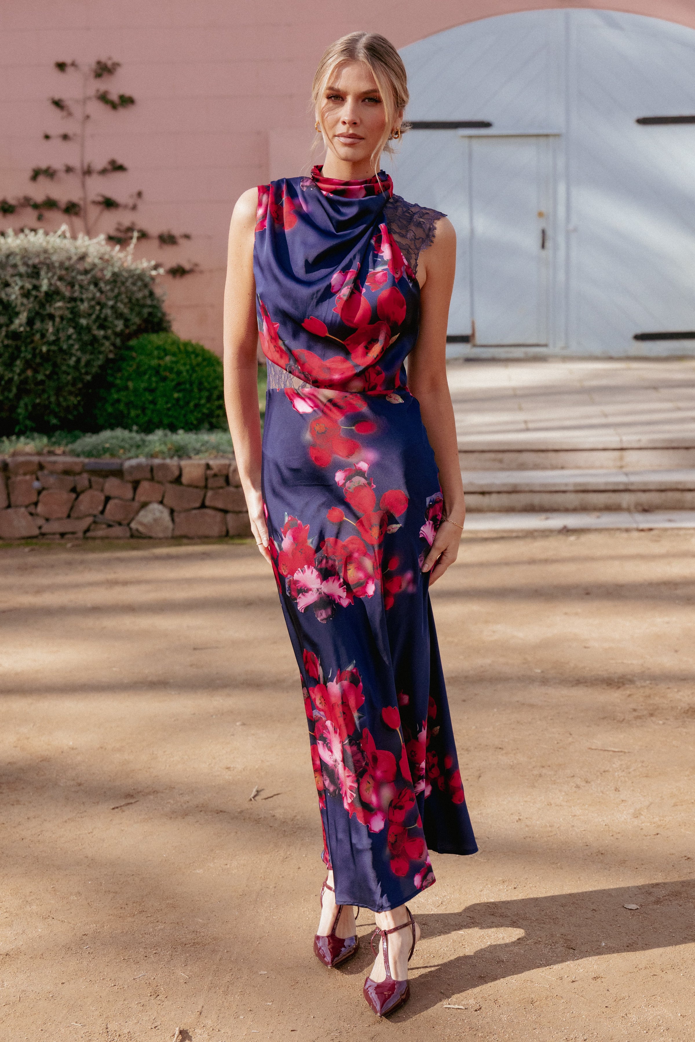 Petal and Pup USA DRESSES Anabelle Halter Neck Lace Maxi Dress - Navy Floral