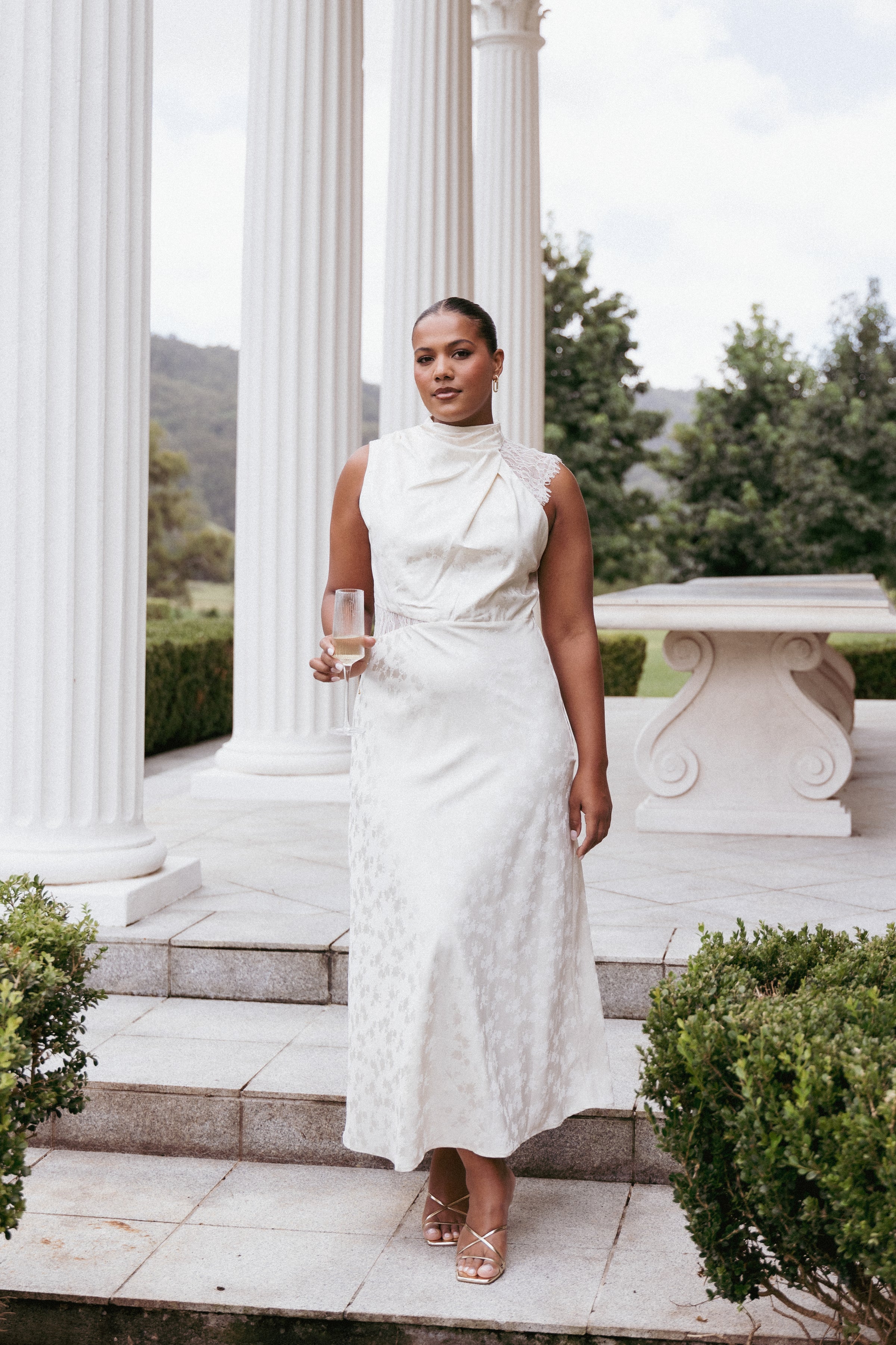 Petal and Pup USA DRESSES Anabelle Halter Neck Lace Maxi Dress - White