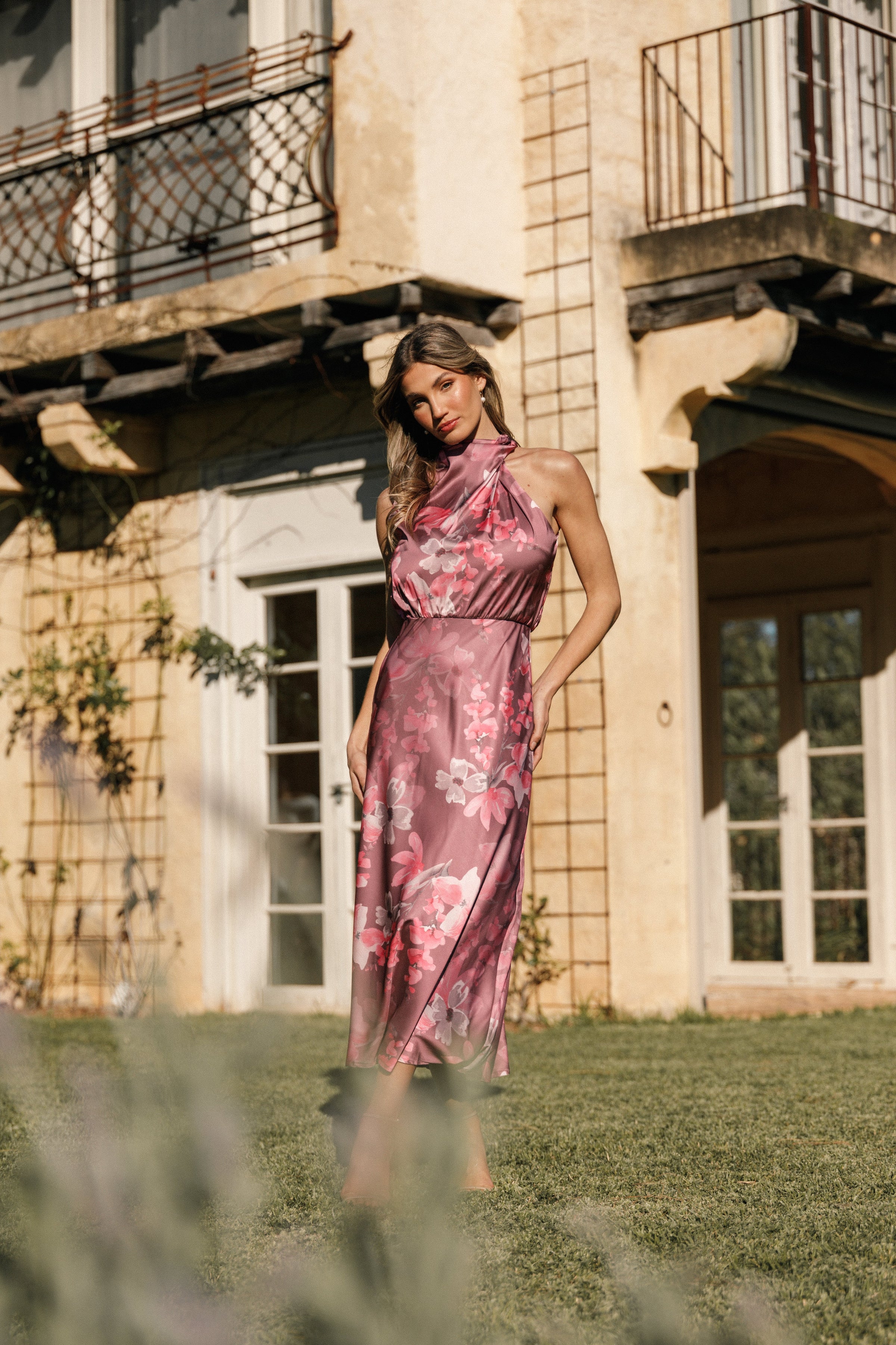 Petal and Pup USA DRESSES Anabelle Halter Neck Midi Dress - Dark Rose Floral