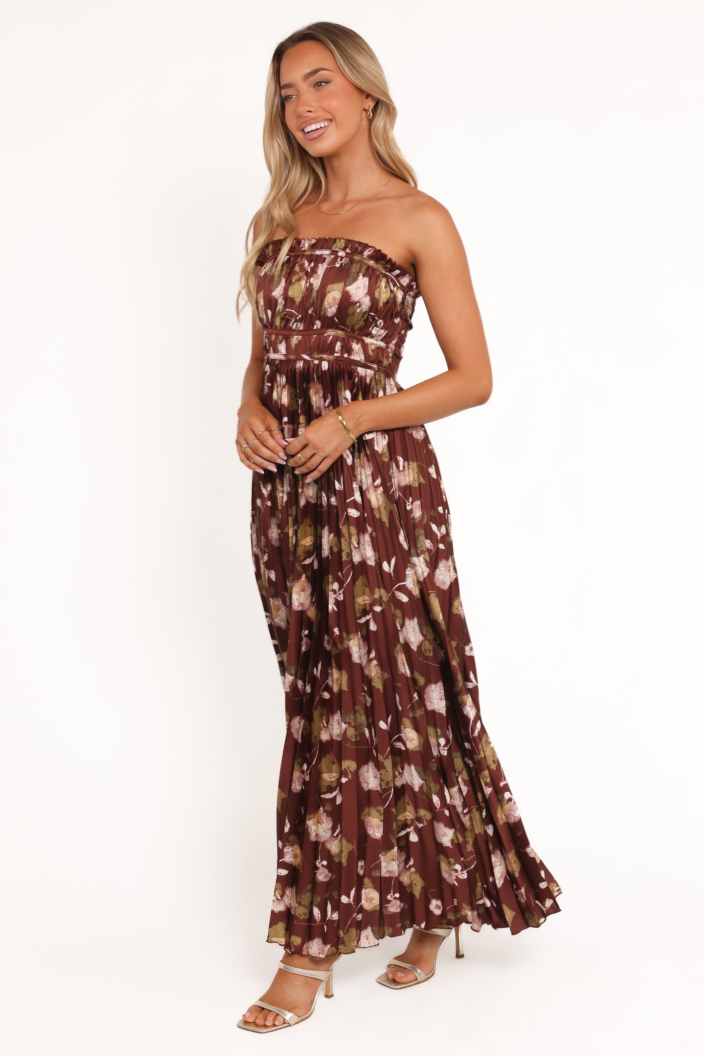 Petal and Pup USA DRESSES Angelique Strapless Maxi Dress - Brown Floral