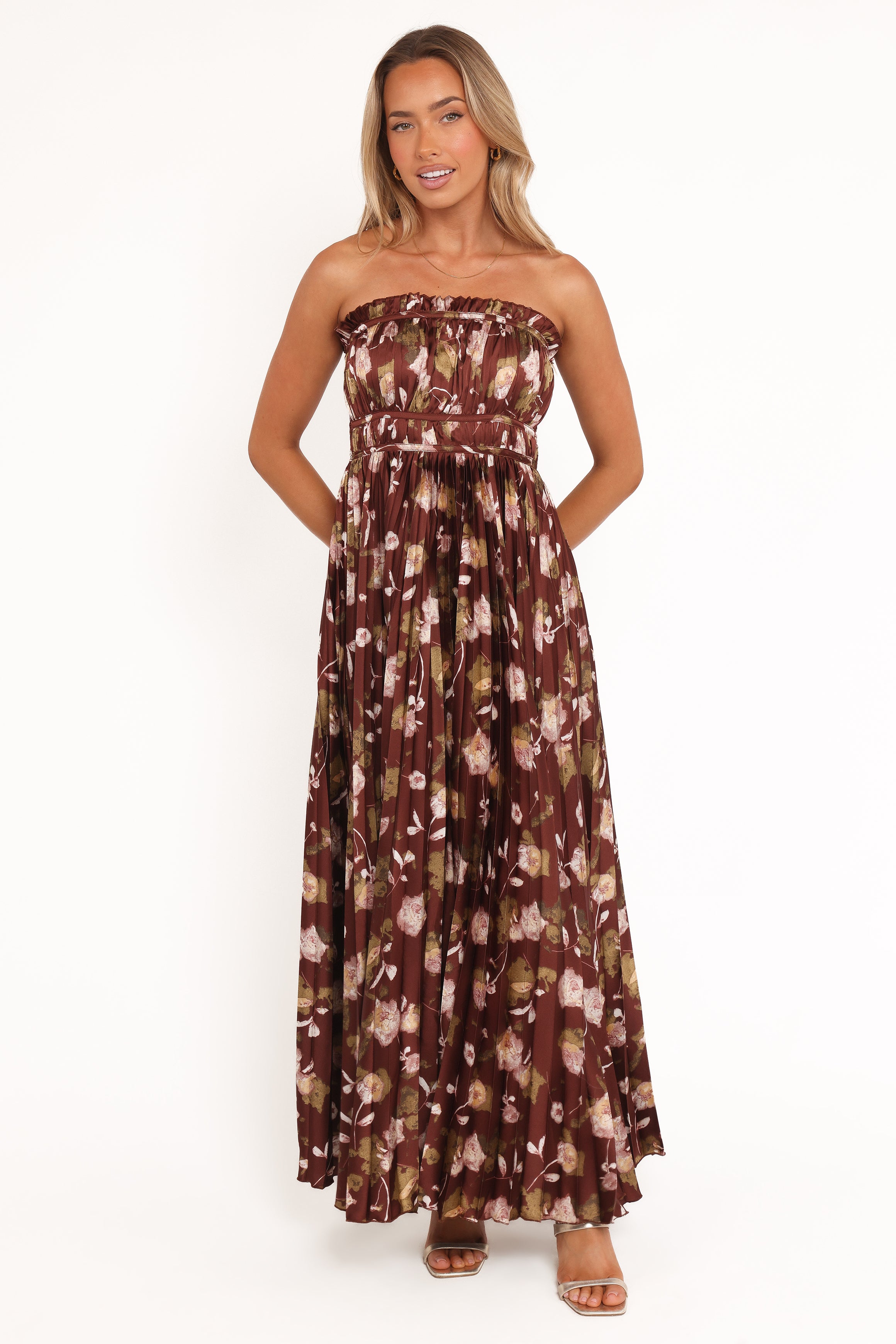 Petal and Pup USA DRESSES Angelique Strapless Maxi Dress - Brown Floral